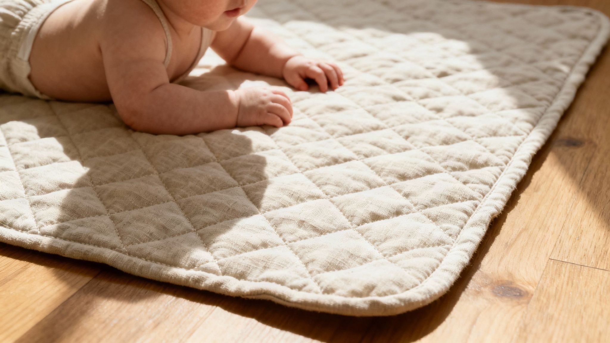 An infant lies comfortably on a natural linen play mat in a modern living room.
