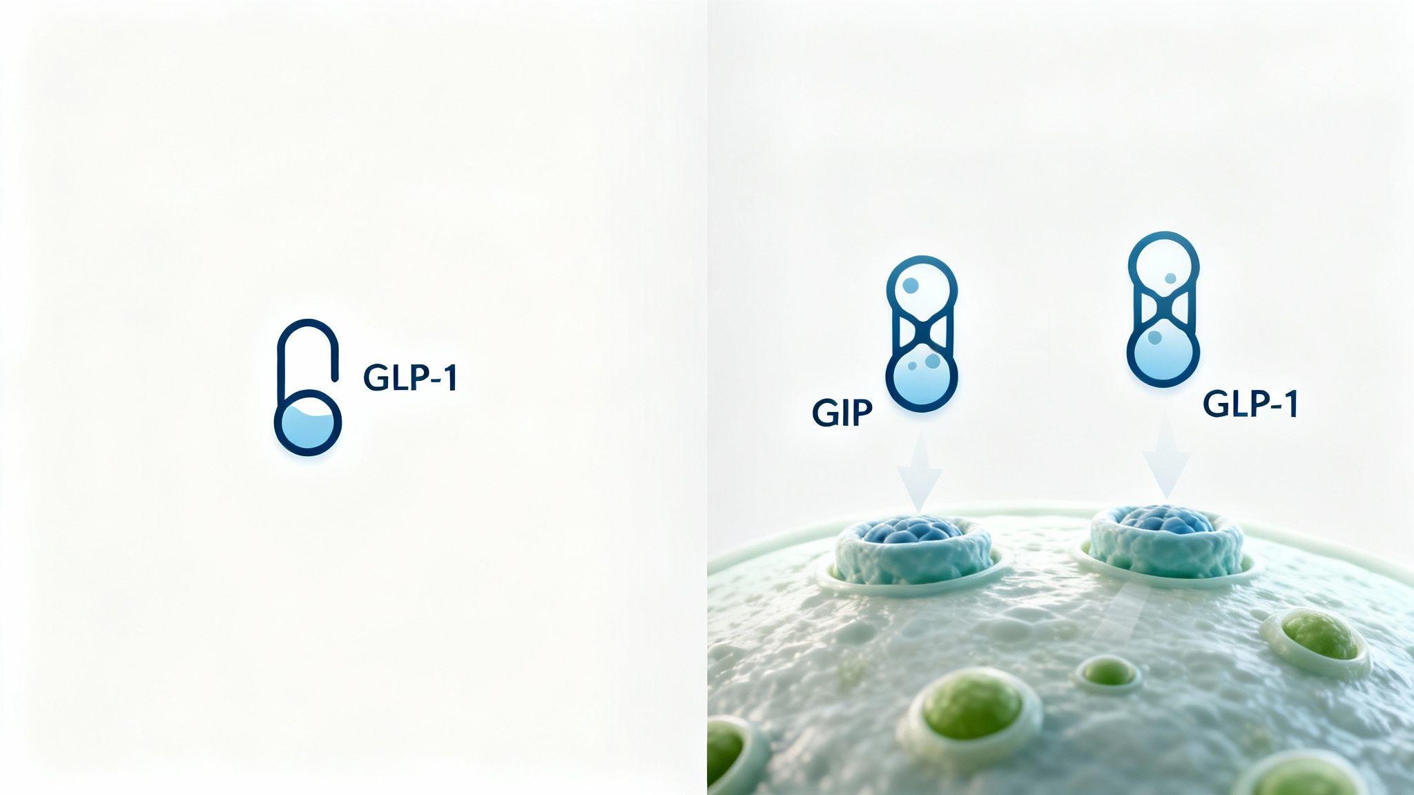 Diagram illustrating the GLP-1 molecule, alongside GIP and GLP-1 hormones binding to cell receptors.