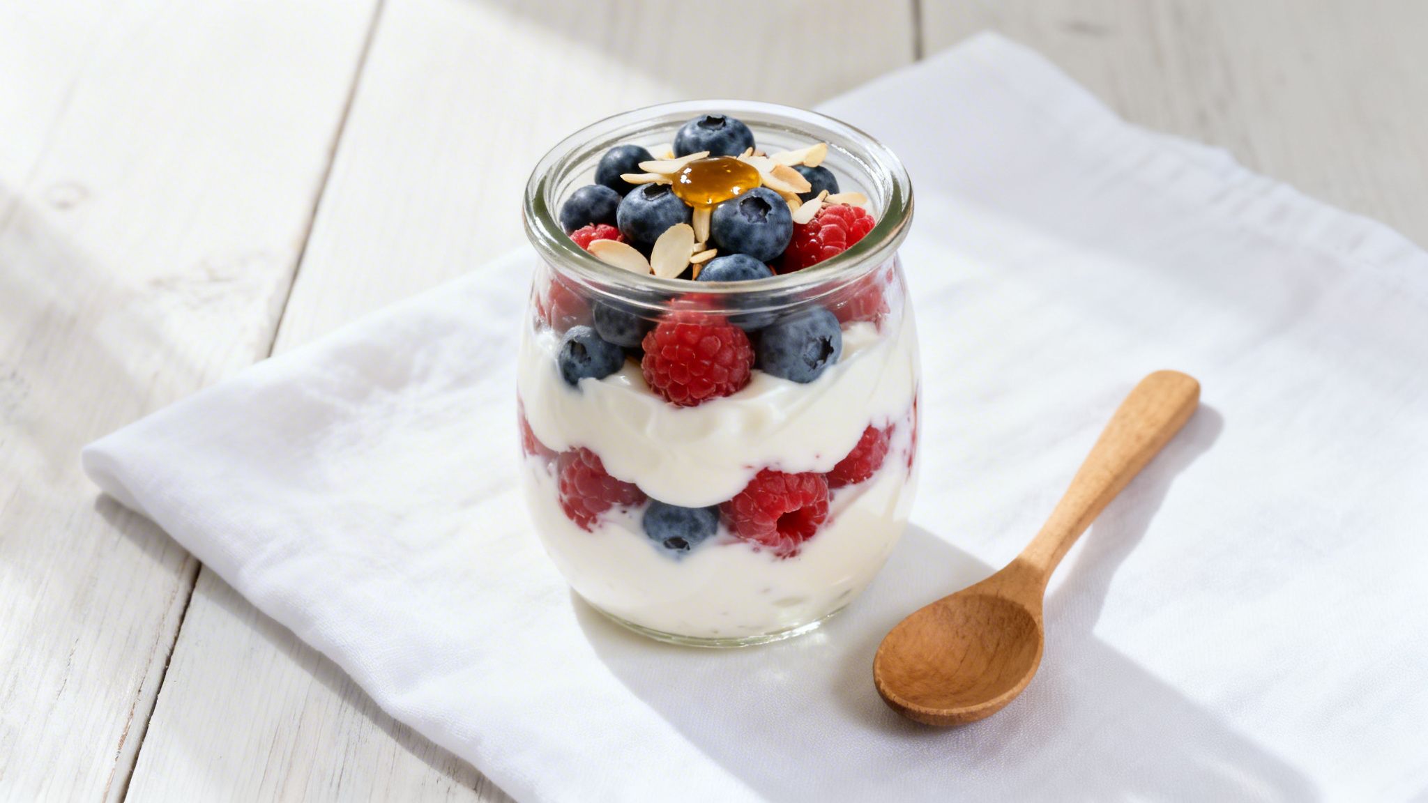 Healthy layered parfait in a glass jar with blueberries, raspberries, yogurt, honey, and almonds.