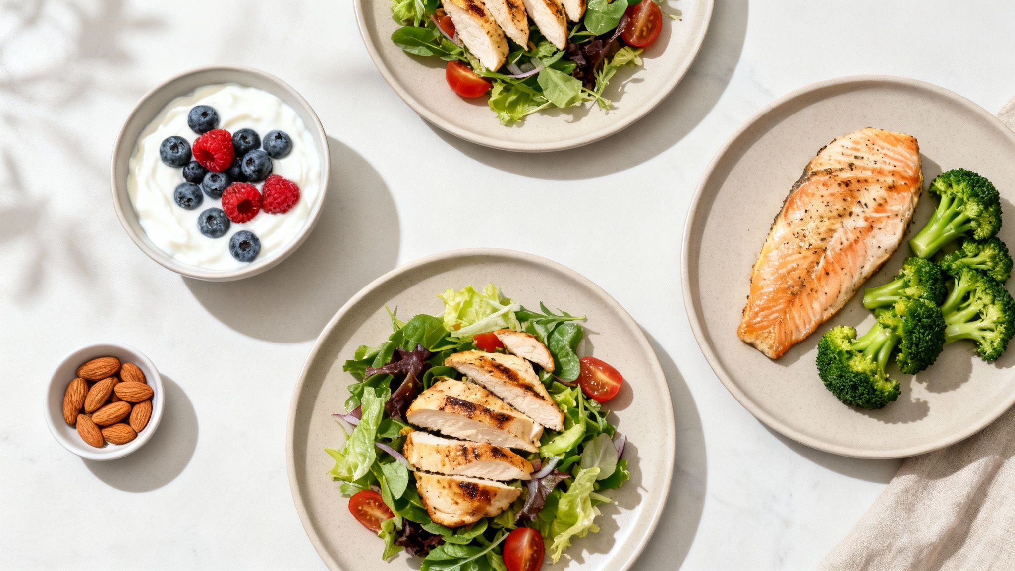 Healthy balanced meals featuring grilled chicken salad, salmon, broccoli, yogurt with berries, and almonds.