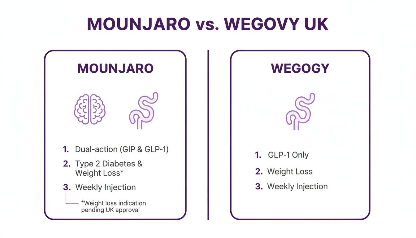 Comparison chart of Mounjaro vs. Wegovy UK, detailing drug mechanisms, indications for weight loss and diabetes, and weekly injection frequency.