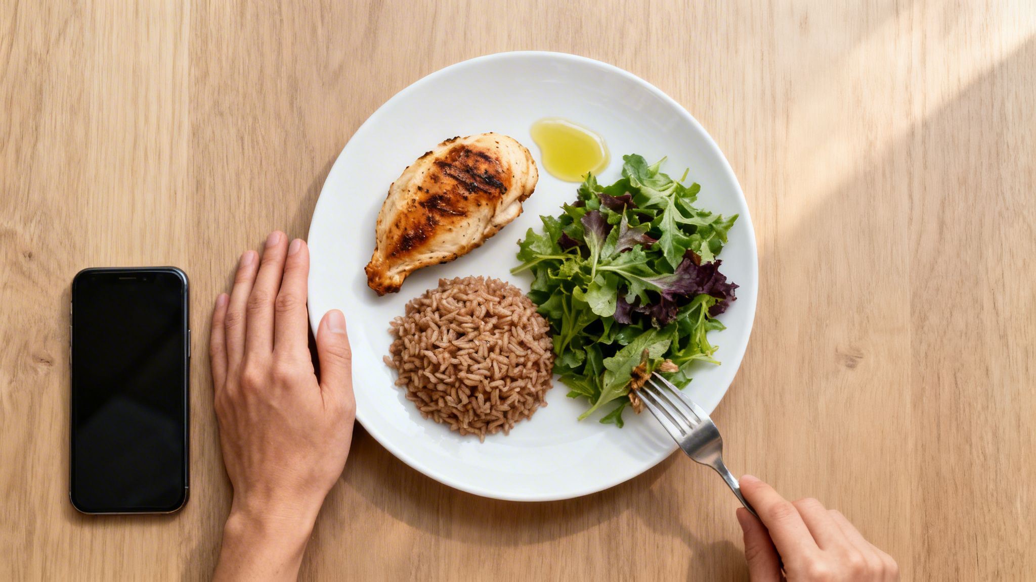 Overhead shot of a healthy meal with grilled chicken, brown rice, salad, hands, and a smartphone on a wooden table.