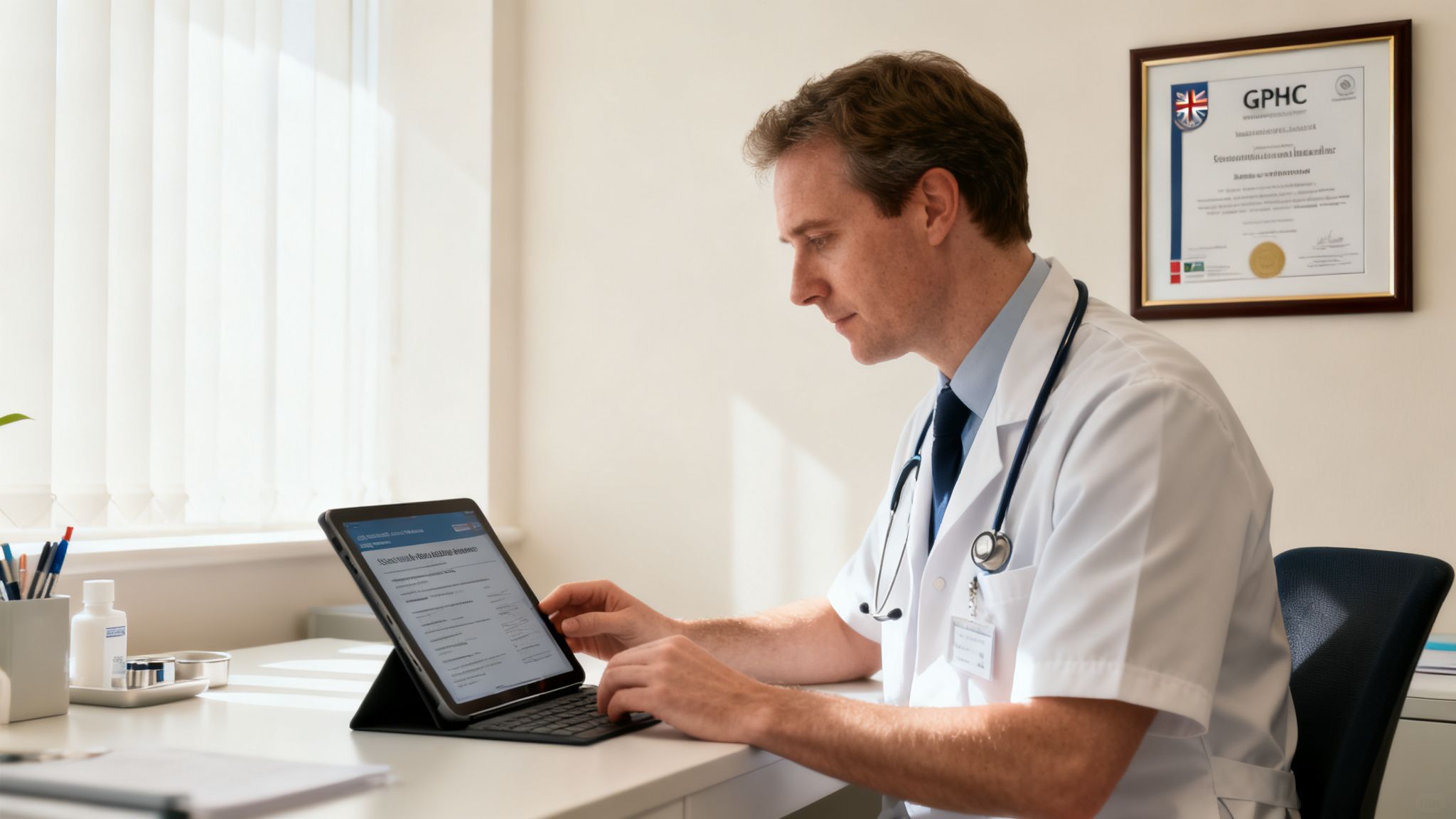 A male doctor in a white coat and stethoscope works on a tablet at his desk.