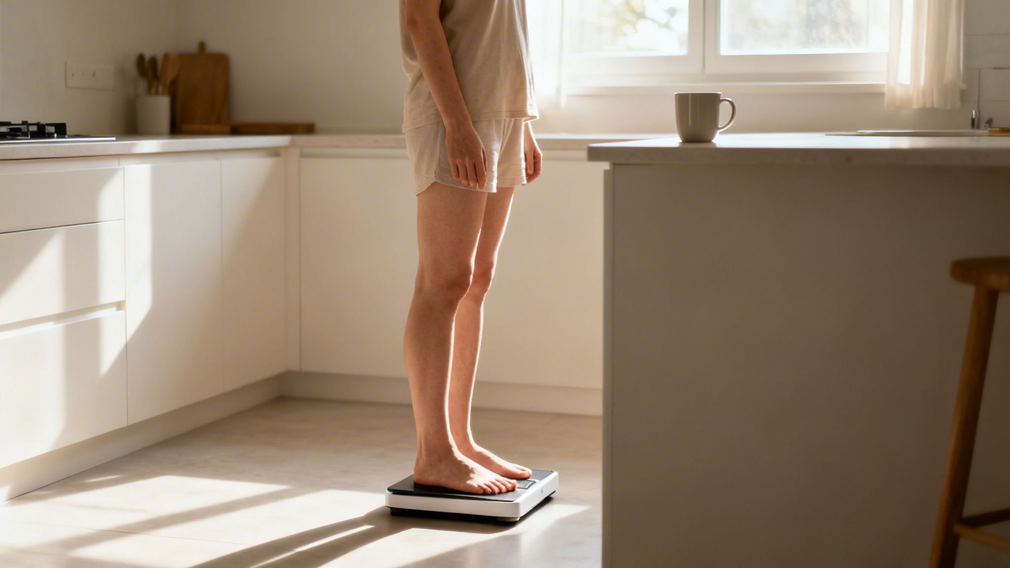 A person in light pajamas stands barefoot on a digital weighing scale in a sunlit kitchen.