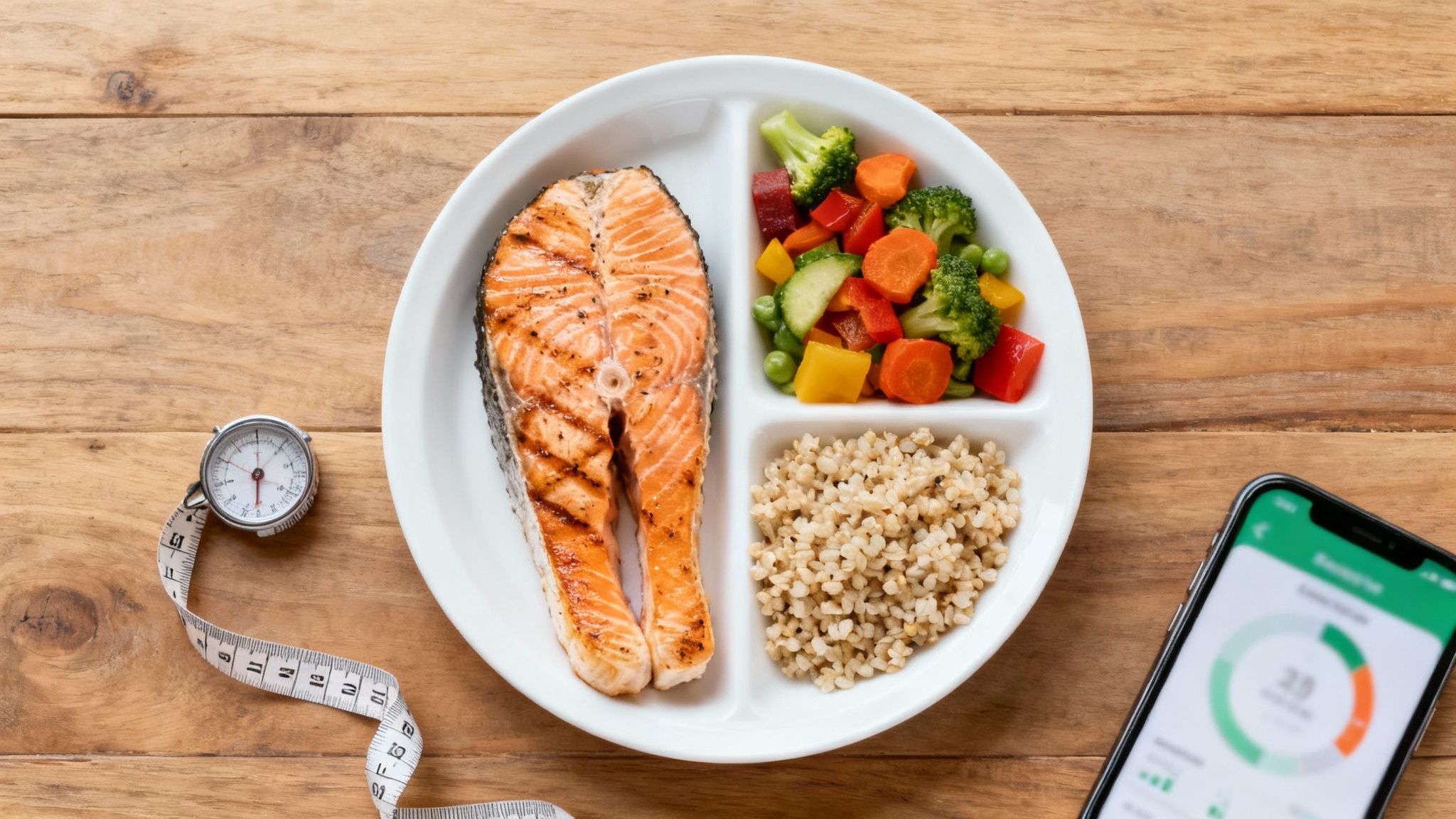 A healthy meal with grilled salmon, mixed vegetables, and rice, alongside a measuring tape and a fitness app.