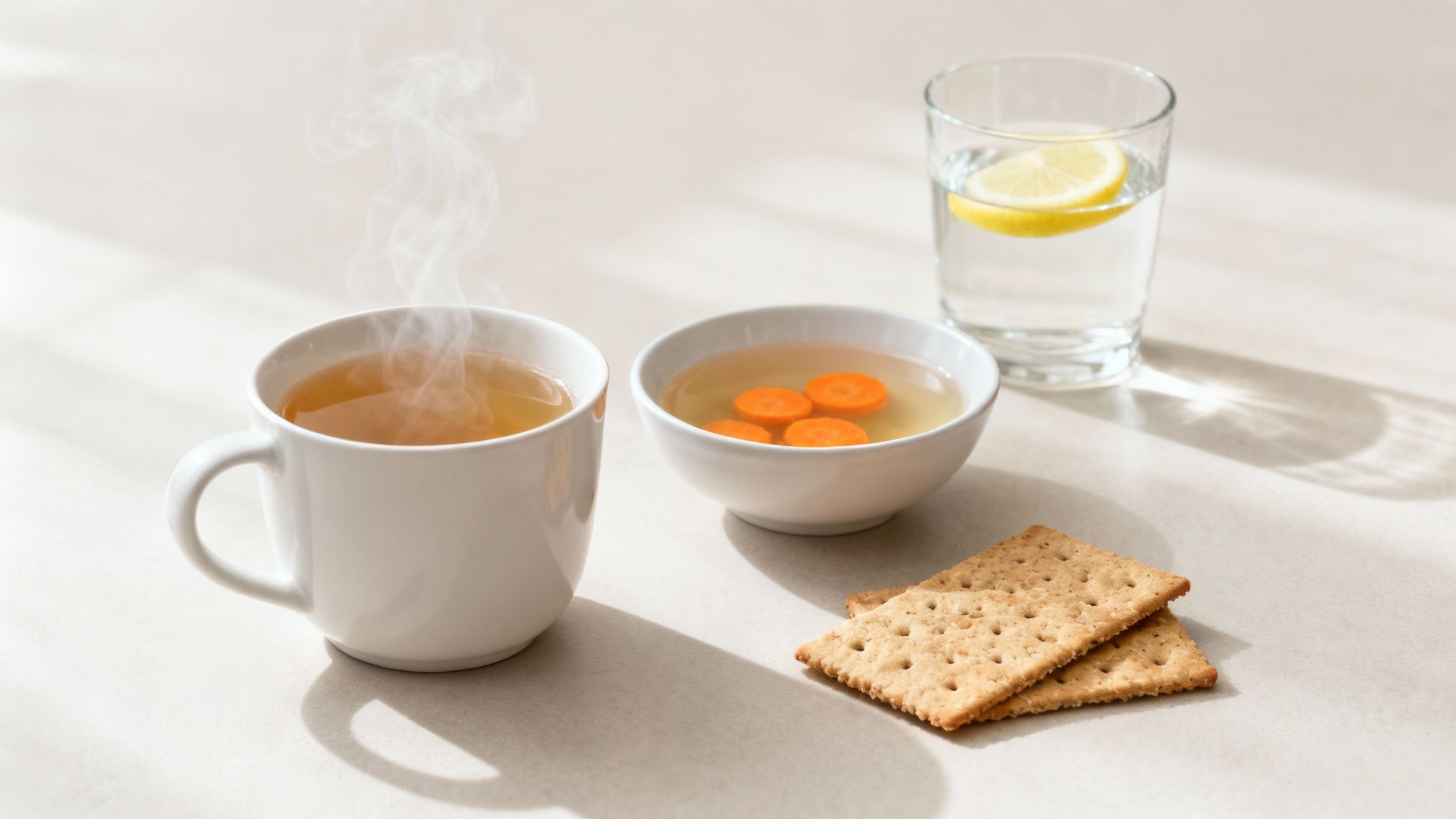 A healthy, light meal with steaming tea, carrot broth, lemon water, and crackers on a table.