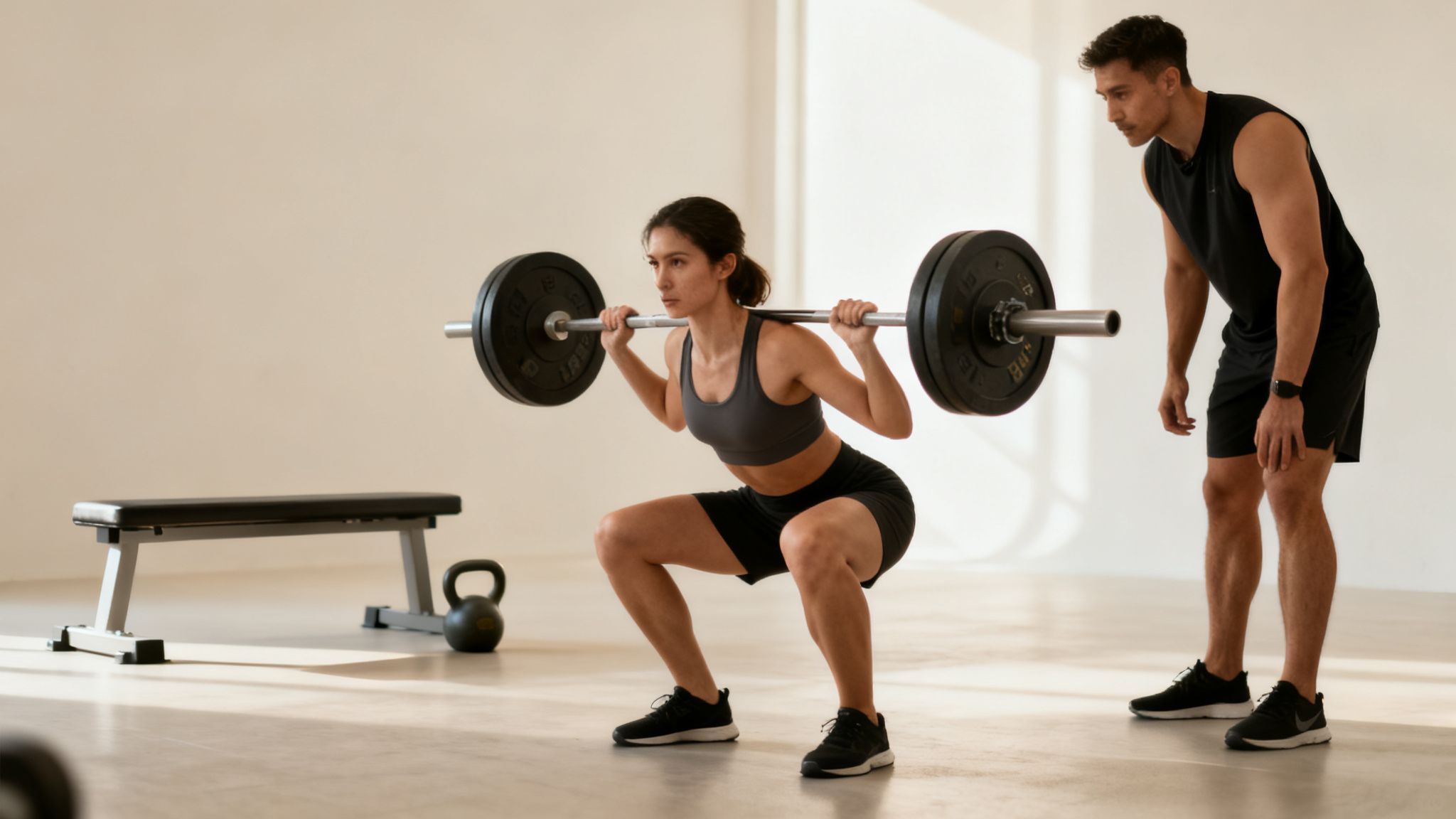 A woman performs a barbell squat in a gym, with a male trainer supervising her technique.