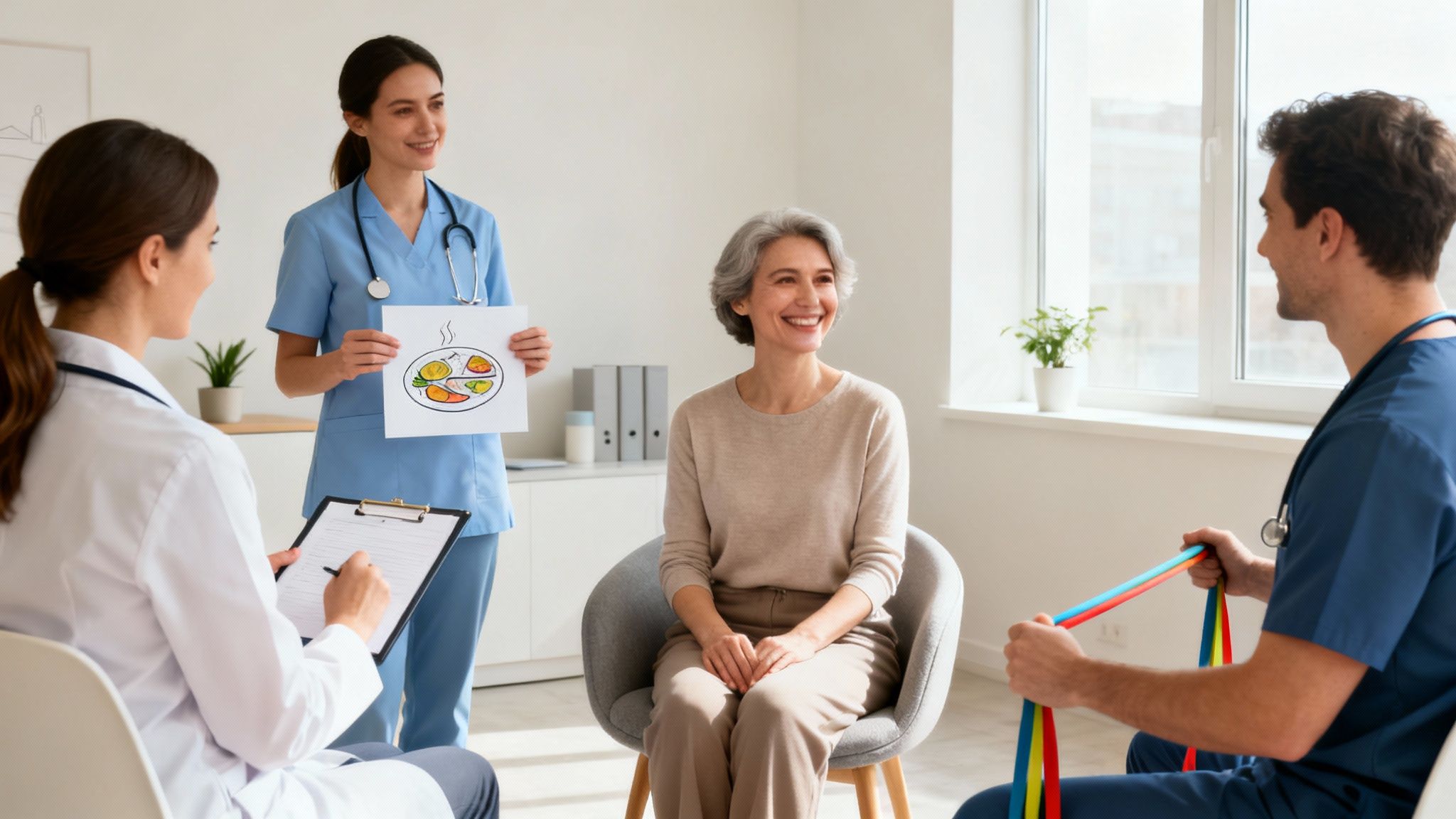 Healthcare professionals discuss healthy eating and exercise with a smiling older female patient in a consultation room.