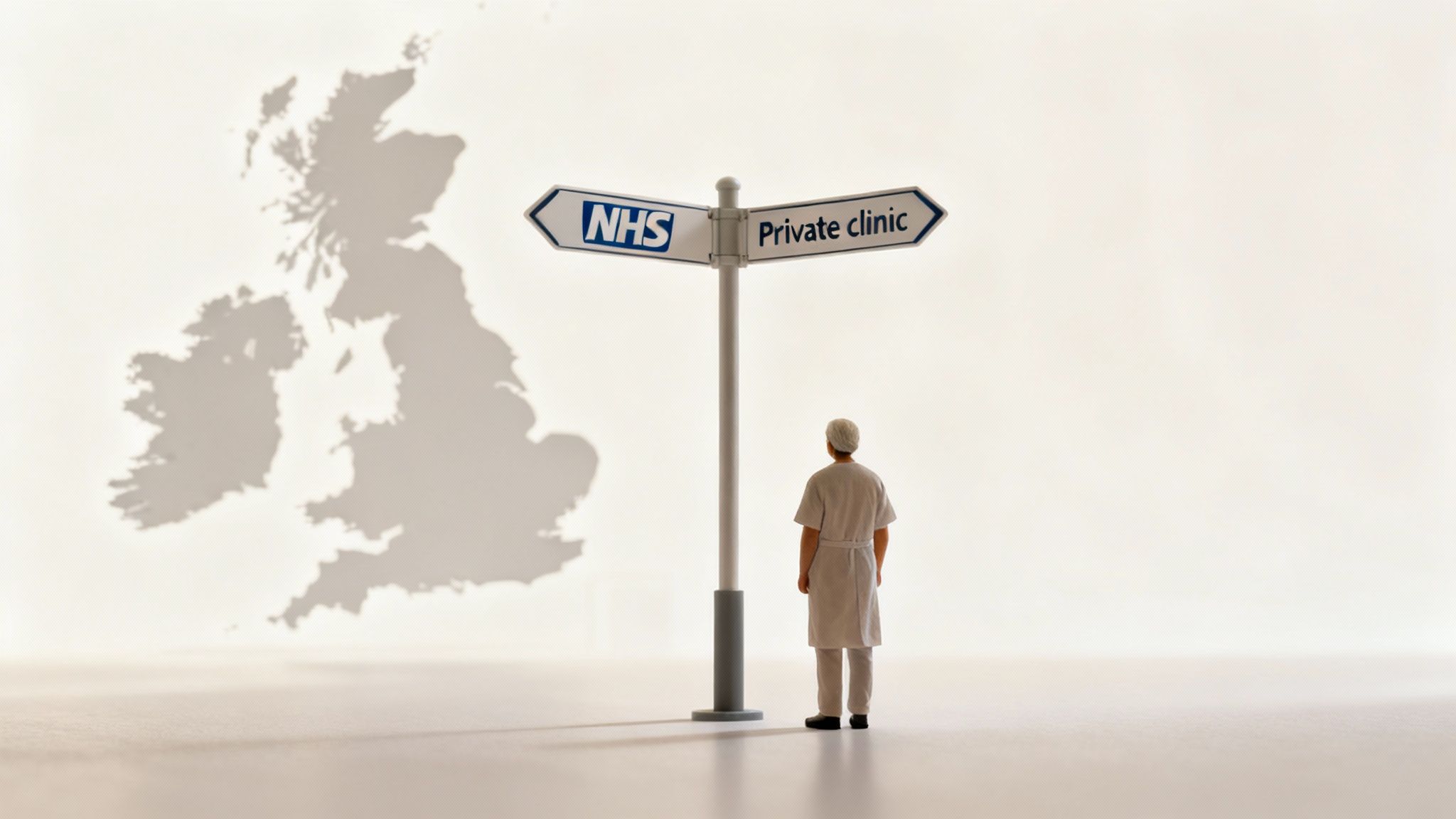 A miniature healthcare worker stands at a signpost, choosing between NHS and private clinic, with a UK map shadow.