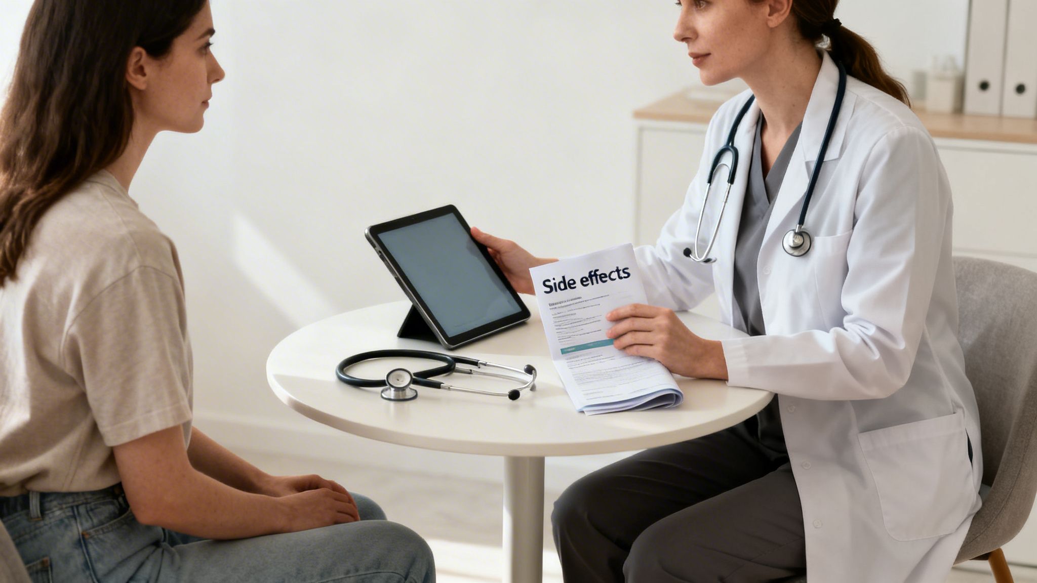 Female doctor in lab coat explains medication side effects to a patient during a consultation.