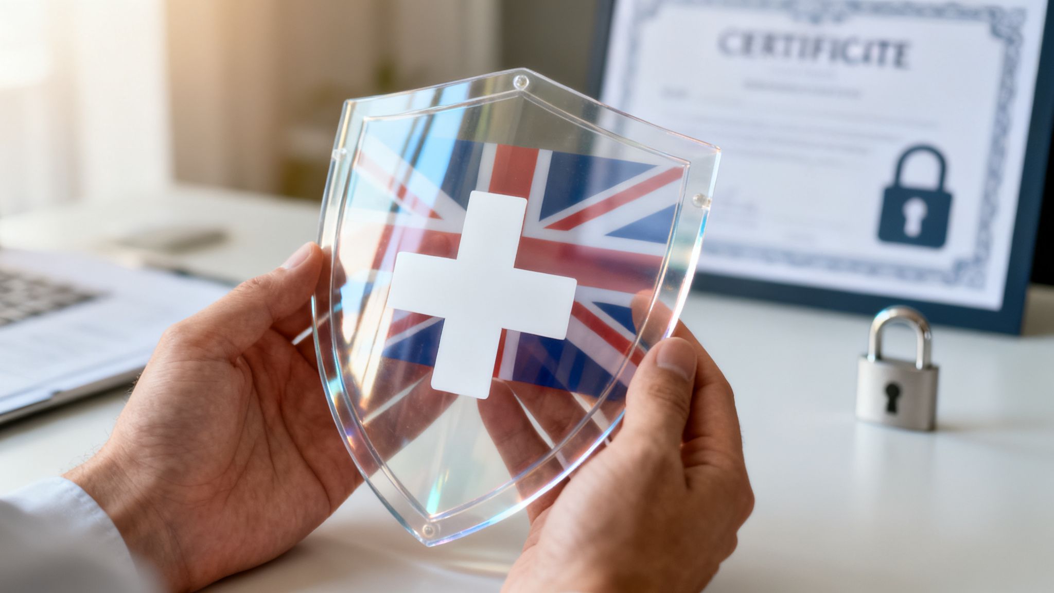 Hands holding a clear shield with UK flag and a white cross, representing secure UK-Swiss health services.