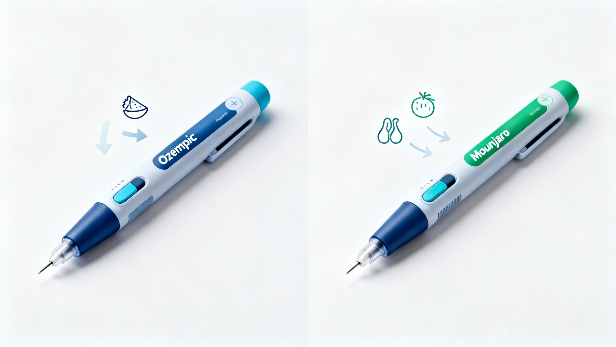 Two injector pens, Ozempic (blue) and Mounjaro (green), with associated food icons and arrows.
