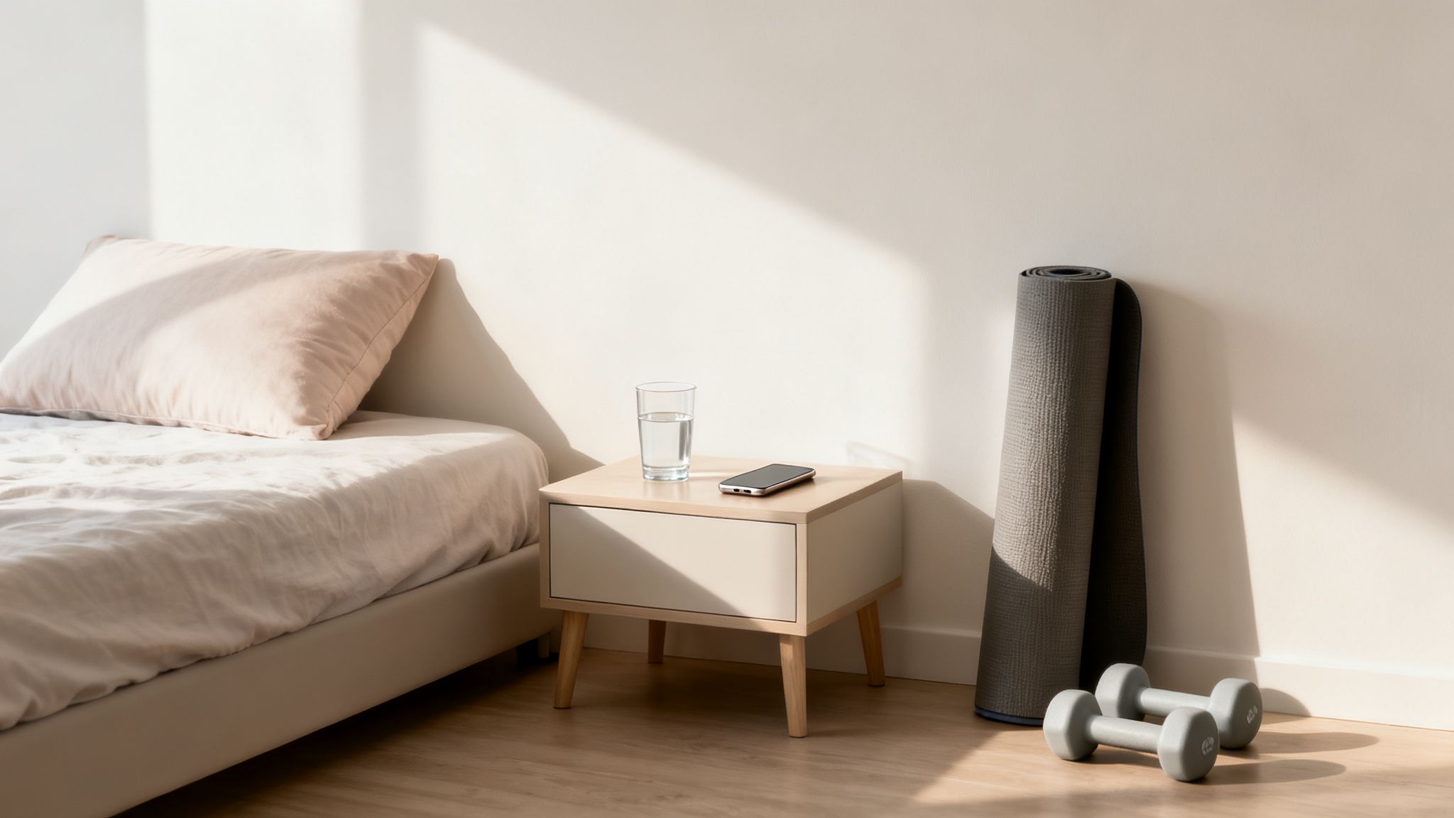 A tranquil bedroom with a bed, nightstand, water, phone, yoga mat, and dumbbells for wellness.