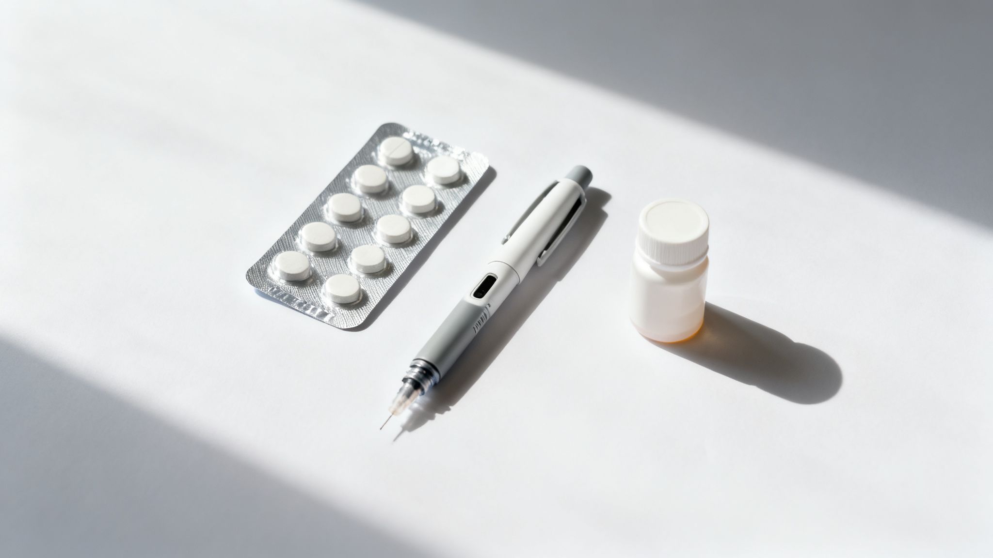 A blister pack of white pills, an insulin pen, and a medicine bottle on a white surface.