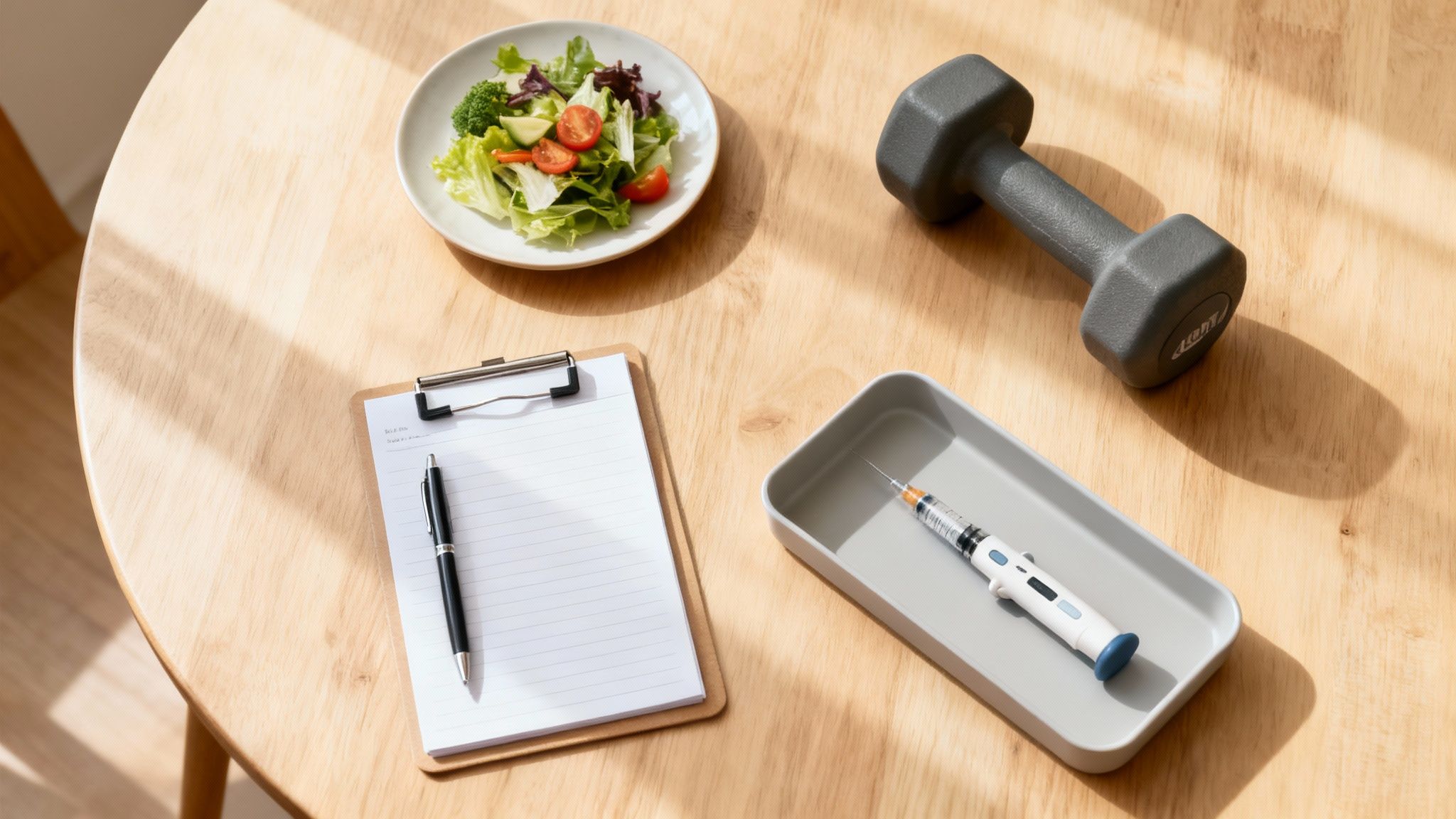 A flat lay image showing a salad, dumbbell, clipboard, and an injection pen on a wooden table.