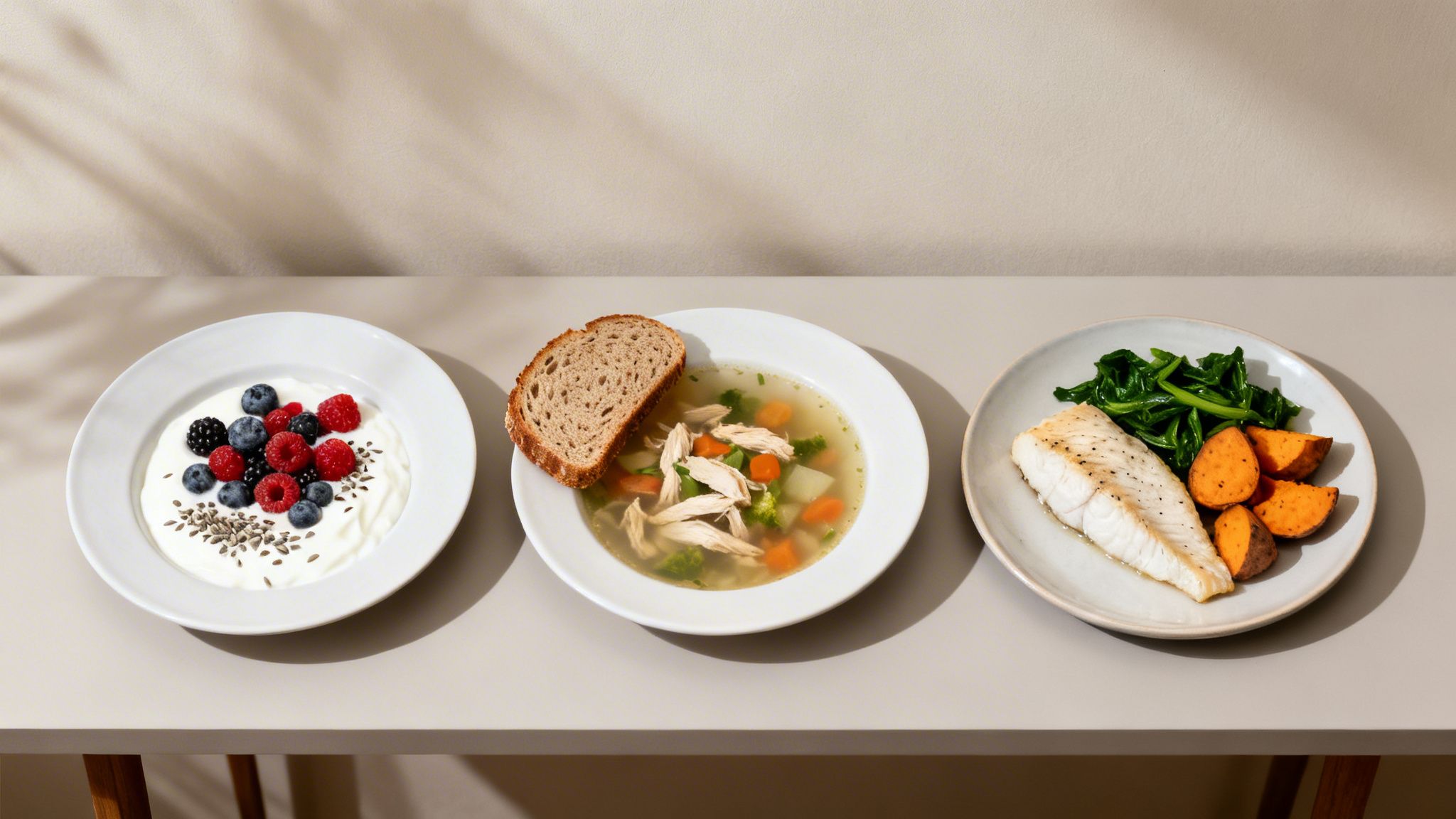 Three balanced and healthy meals including yogurt with berries, chicken soup, and fish with vegetables.