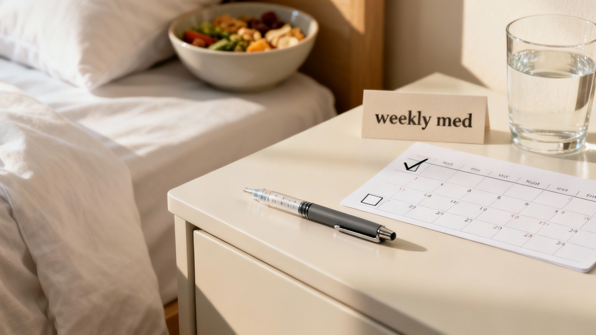 A bedside table holds a 'weekly med' card, calendar with checkmark, pen, and water, beside a bed with healthy food.