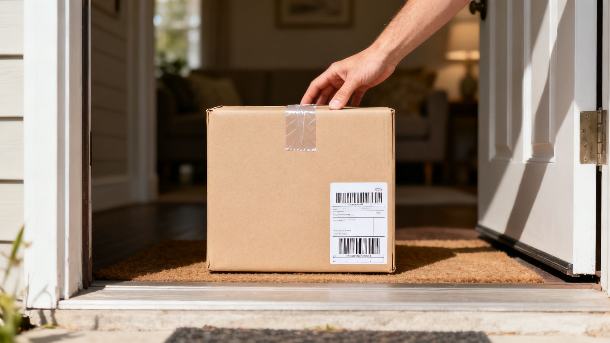 A hand places a brown cardboard delivery box with a shipping label on a do-mat at an open front door.