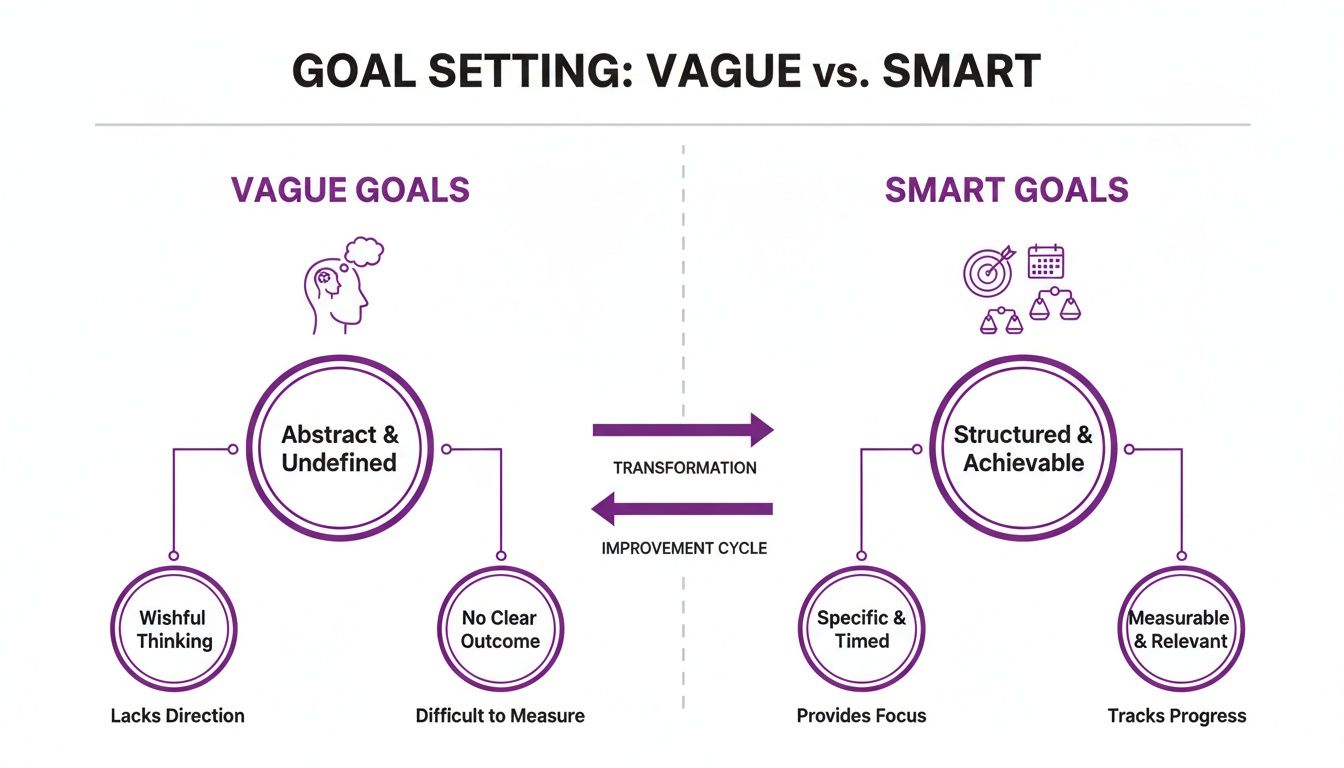 Infographic comparing vague goals with SMART goals, detailing characteristics like measurability and focus.