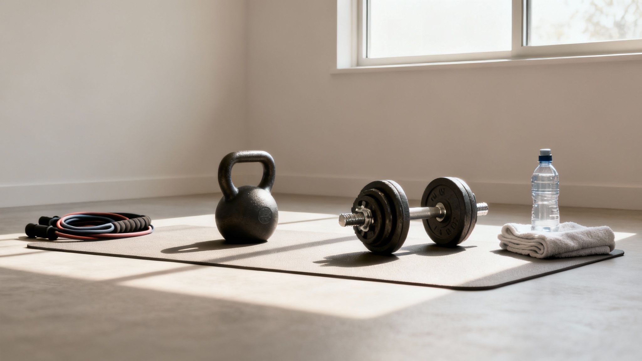 Home workout setup with a kettlebell, dumbbell, resistance bands, water bottle, and towel on a mat.