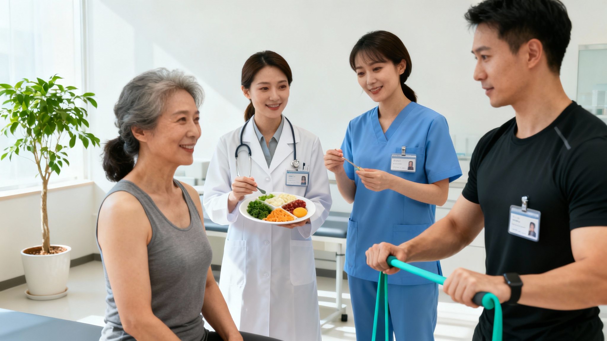Medical staff guide an older woman and a man on diet and fitness in a healthcare setting.