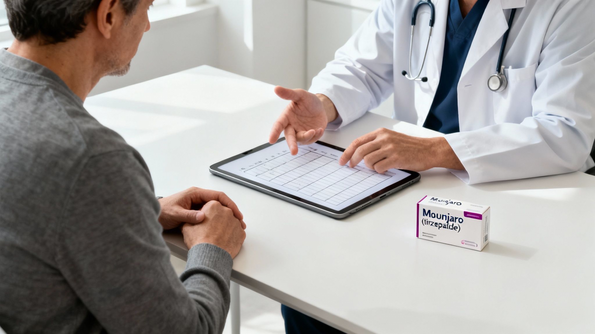 A doctor in a white coat consults a patient, pointing at a tablet, with a Mounjaro box on the desk.