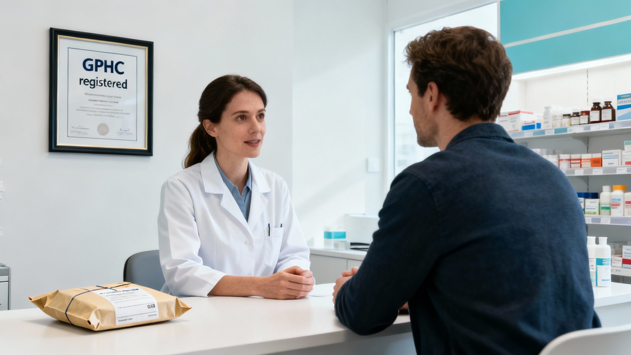 A female pharmacist consults with a male patient at a pharmacy counter, with medicines on shelves.