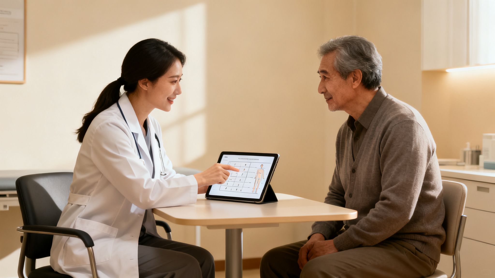 A young doctor explaining a digital medical chart to a senior patient during a consultation.