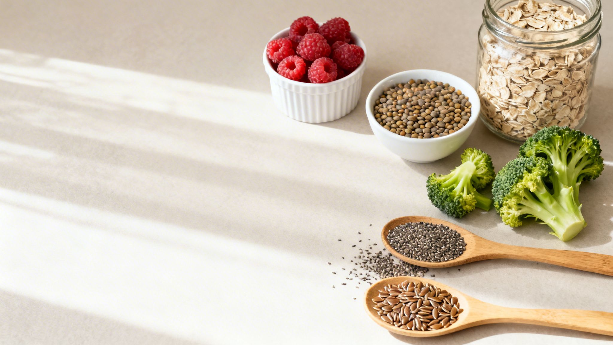 Various healthy foods including raspberries, oats, lentils, broccoli, chia and flax seeds on a counter.