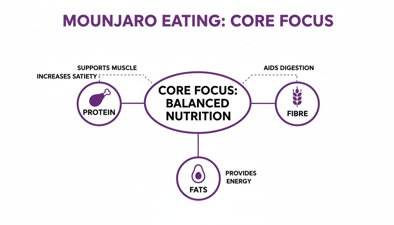 An infographic illustrating Mounjaro eating, focusing on balanced nutrition with protein, fibre, and fats.