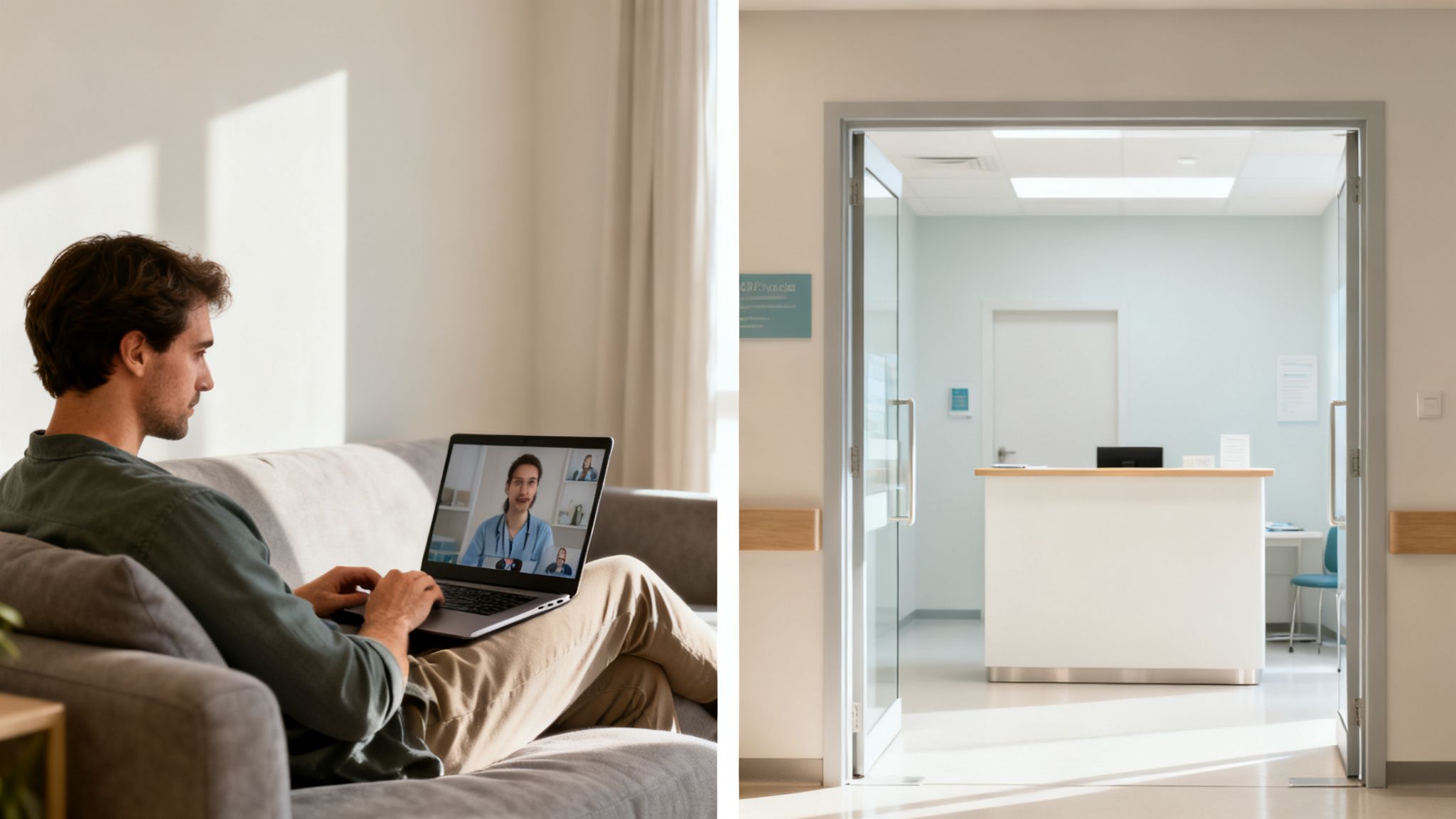 A man on a sofa having an online doctor consultation on his laptop, next to an empty medical clinic reception area.
