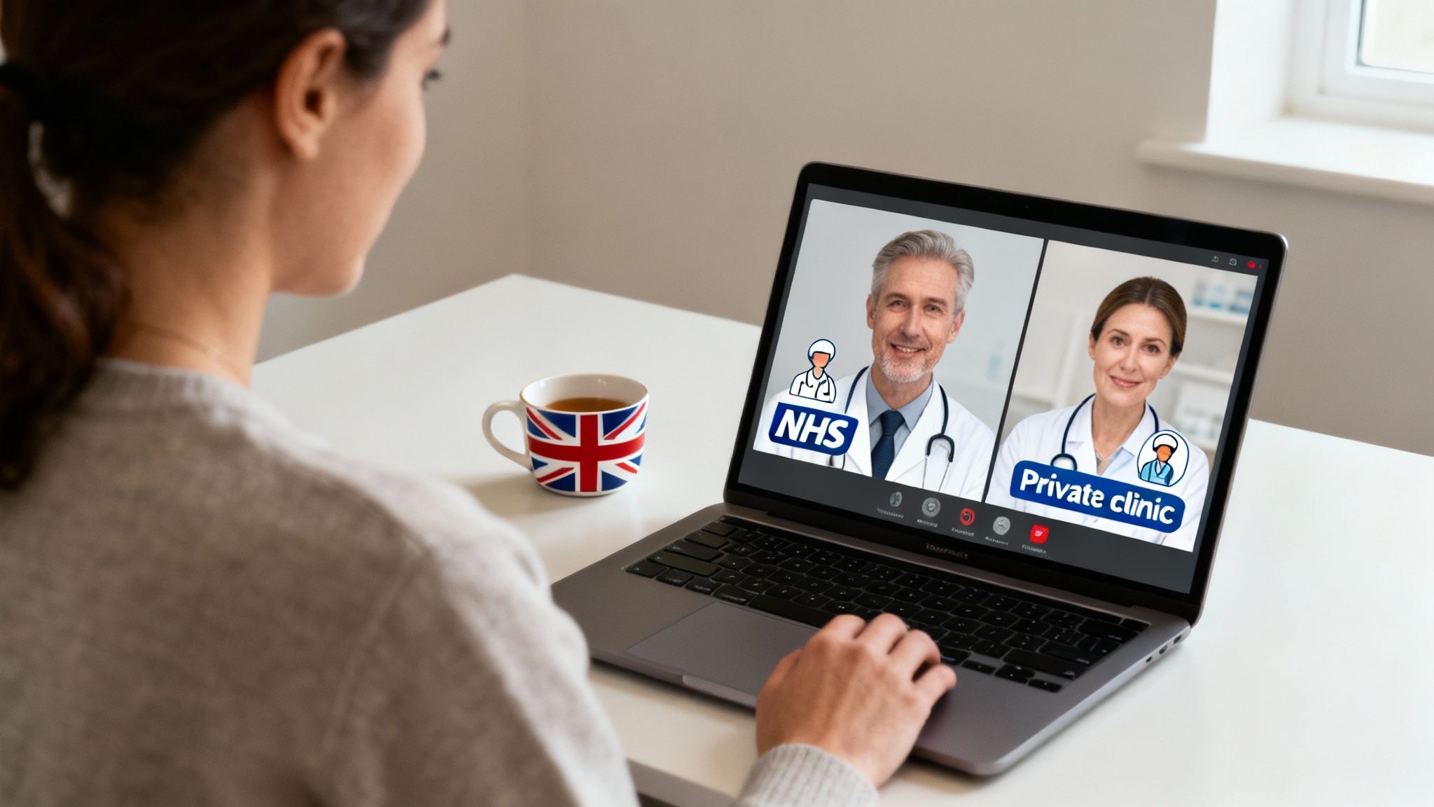 Woman on laptop video calling doctors from NHS and a private clinic, considering healthcare options.