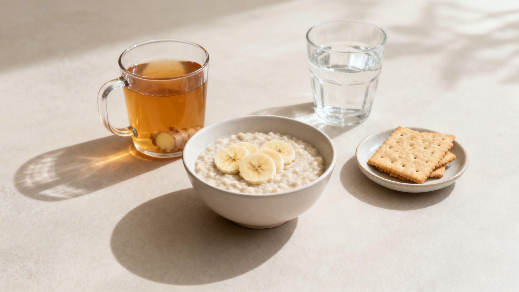A healthy breakfast spread featuring oatmeal with banana slices, ginger tea, water, and crackers.