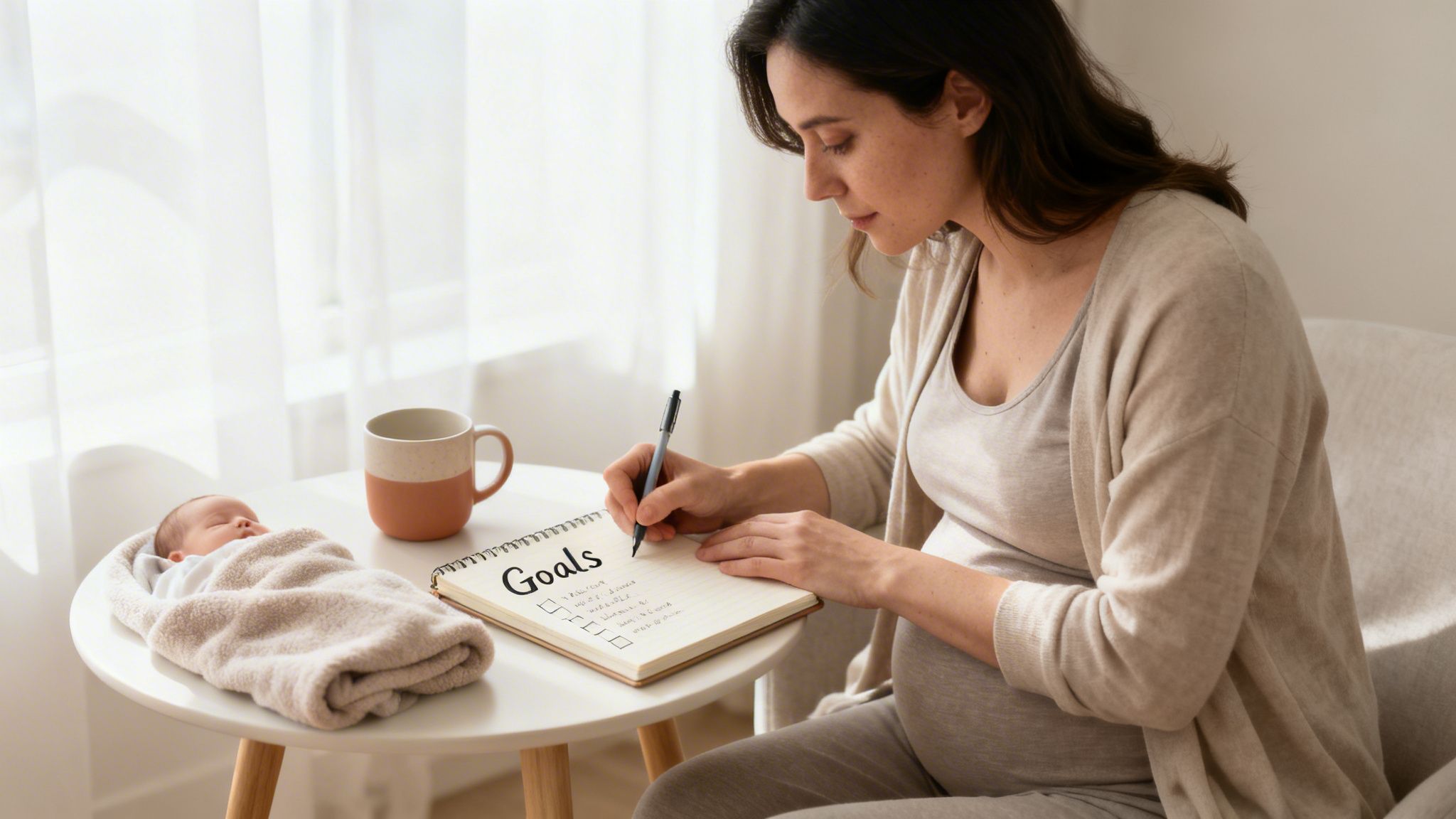 A pregnant woman writes goals in a notebook while her newborn baby sleeps on a nearby table.