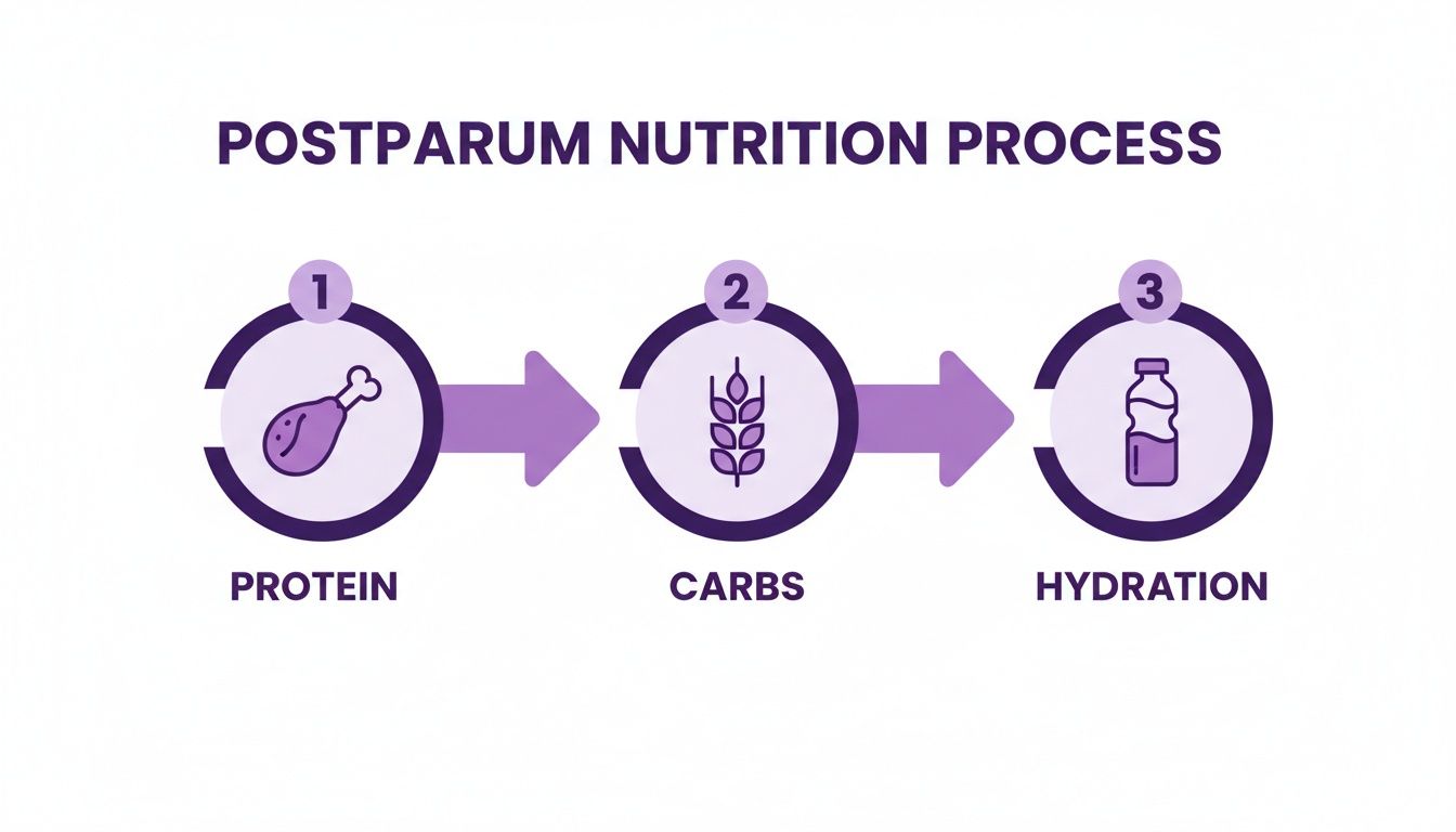 Infographic illustrating the 3-step postpartum nutrition process focusing on protein, carbs, and hydration.