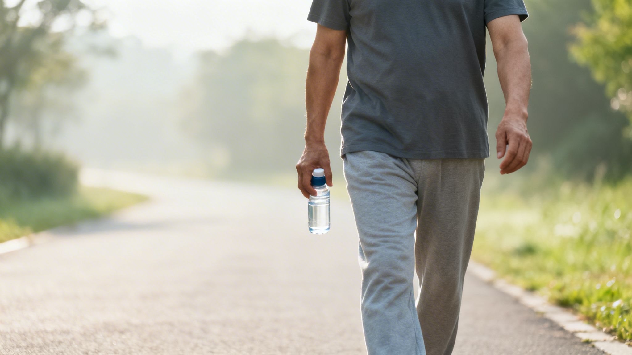 A person in grey activewear walks on a misty path, holding a water bottle for hydration.