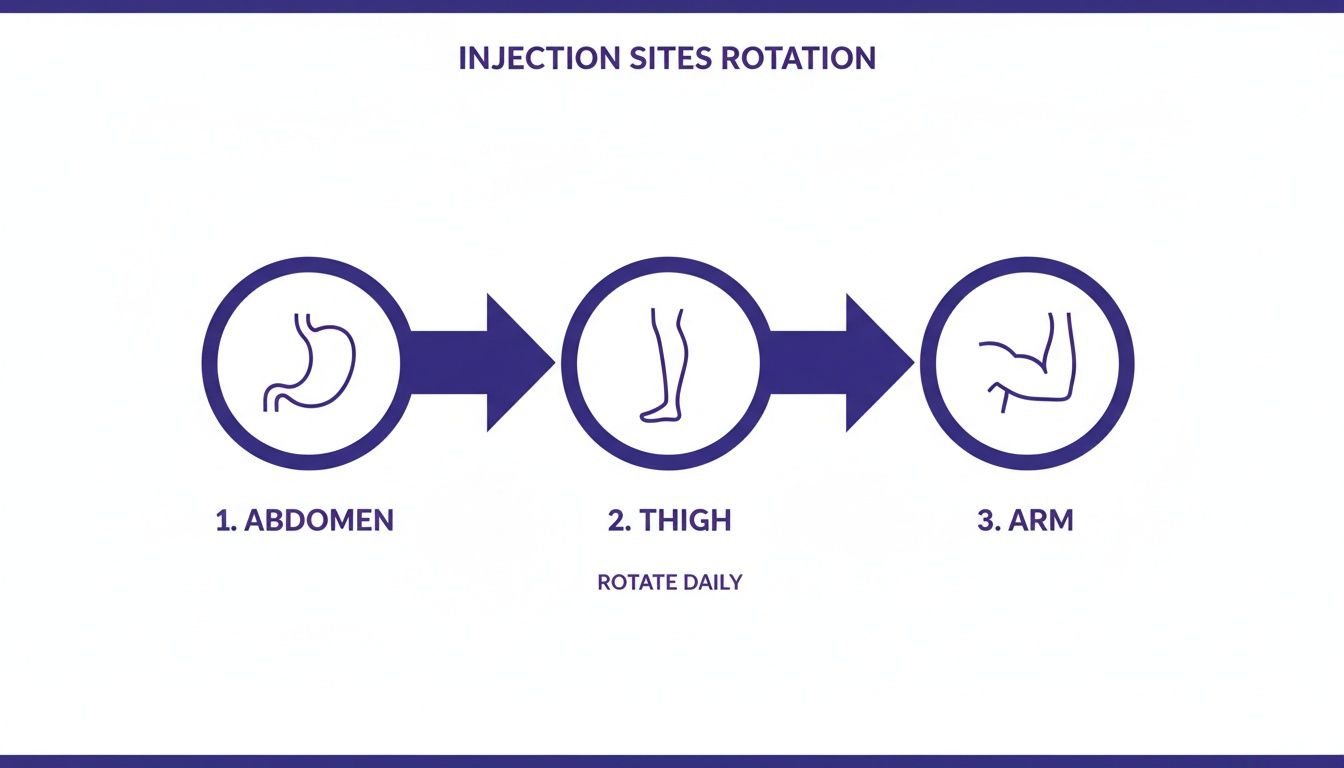 Diagram illustrating the daily rotation of injection sites: 1. Abdomen, 2. Thigh, and 3. Arm, with corresponding icons.