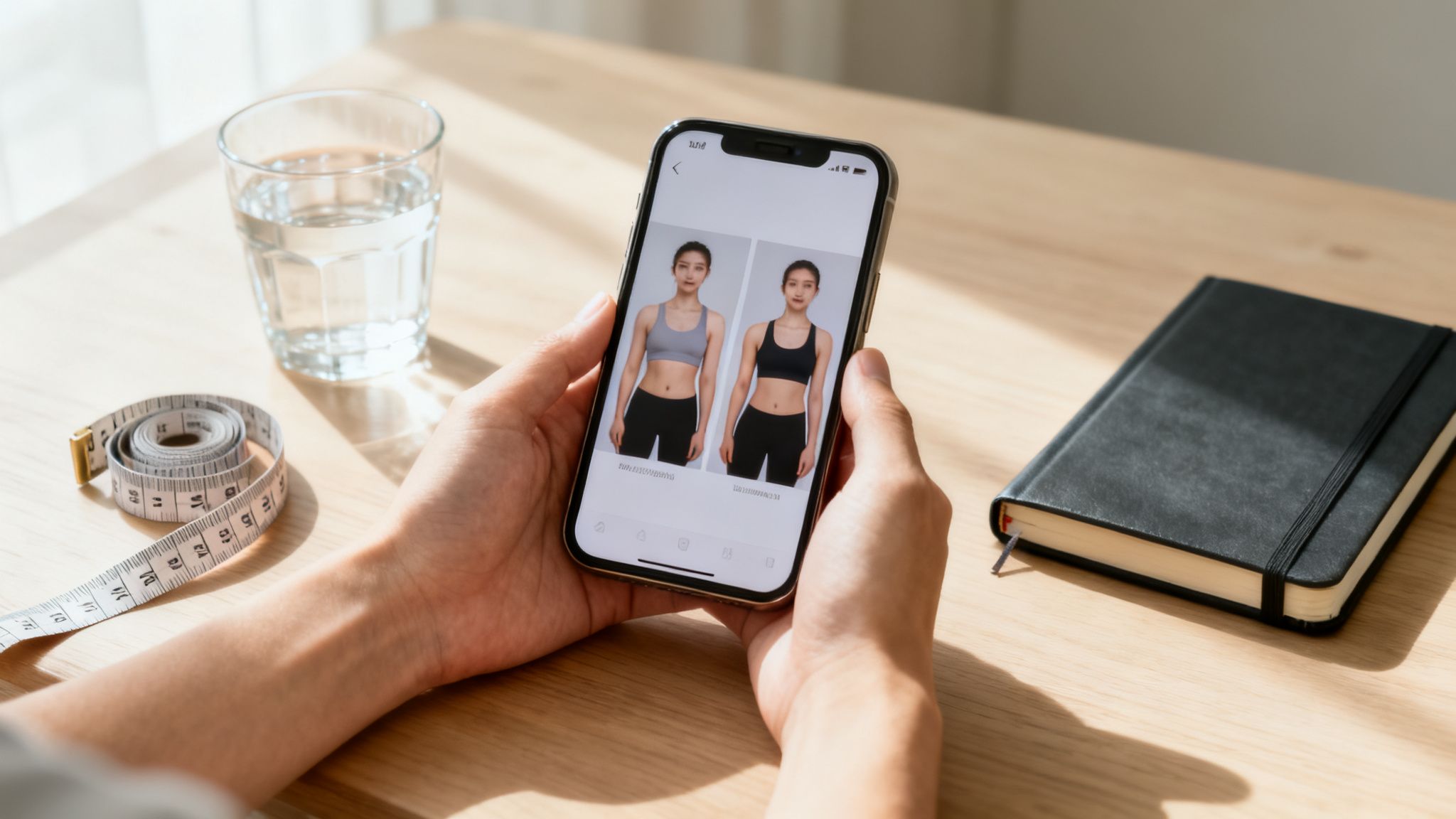 Person holds a smartphone displaying fitness progress images, with measuring tape, water, and notebook.