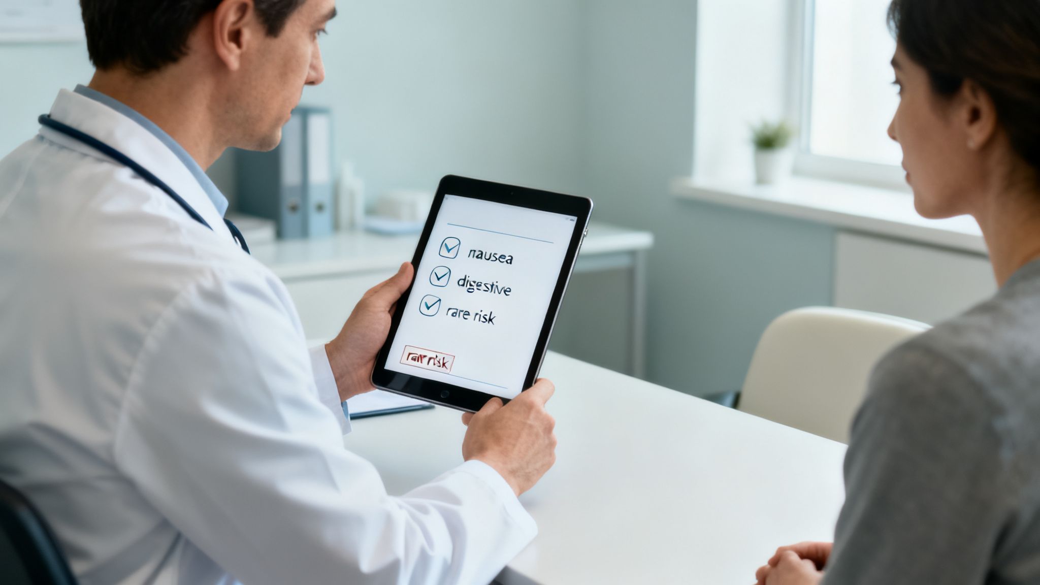 Medical doctor showing digital checklist of symptoms and risks to a patient during a consultation.