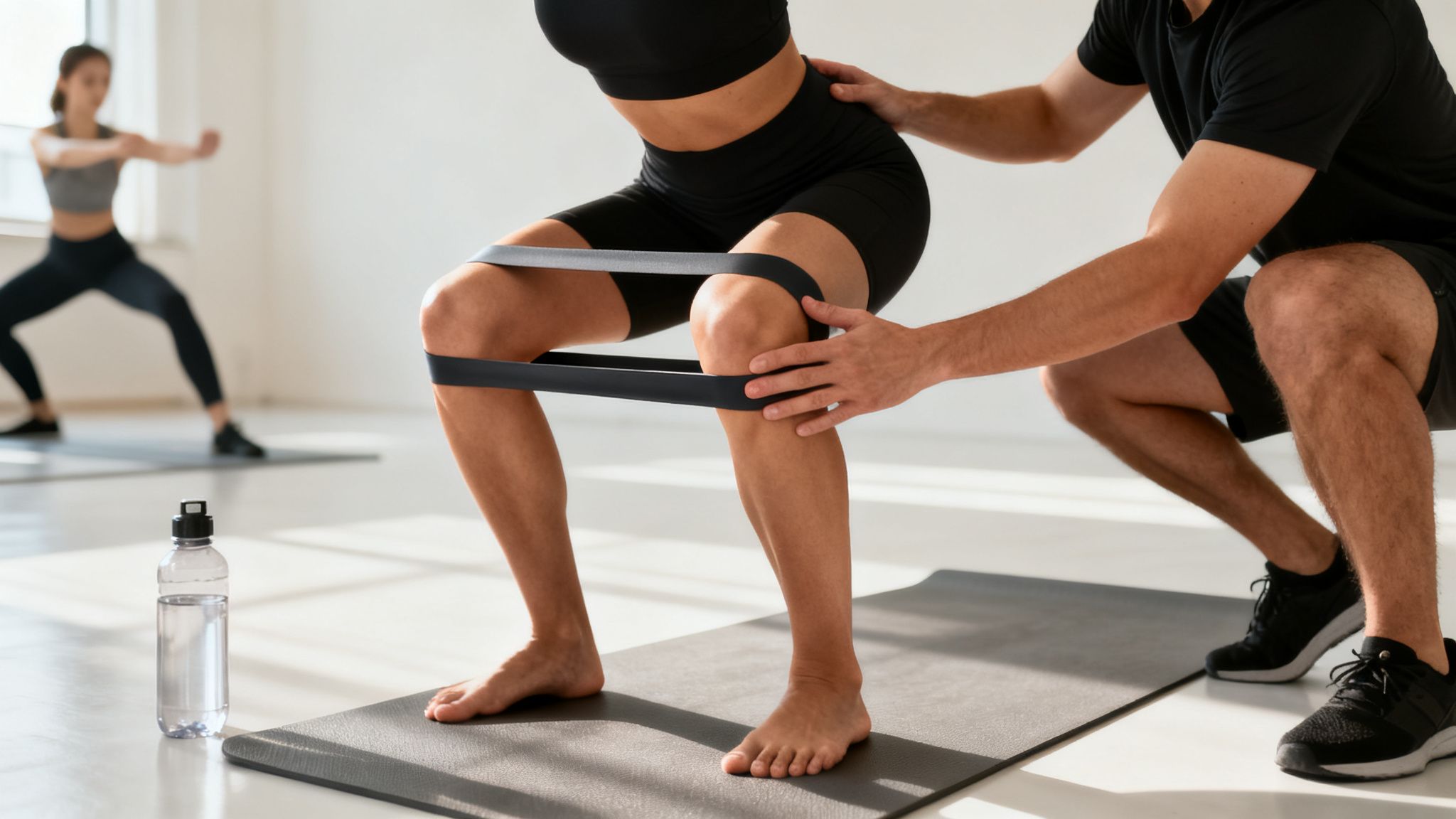 A woman performs squats with a resistance band, guided by a male trainer in a bright gym.