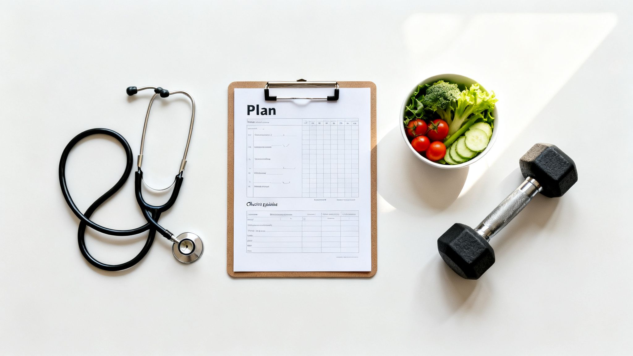 Overhead view of health and wellness items: stethoscope, plan, healthy salad, and dumbbell.