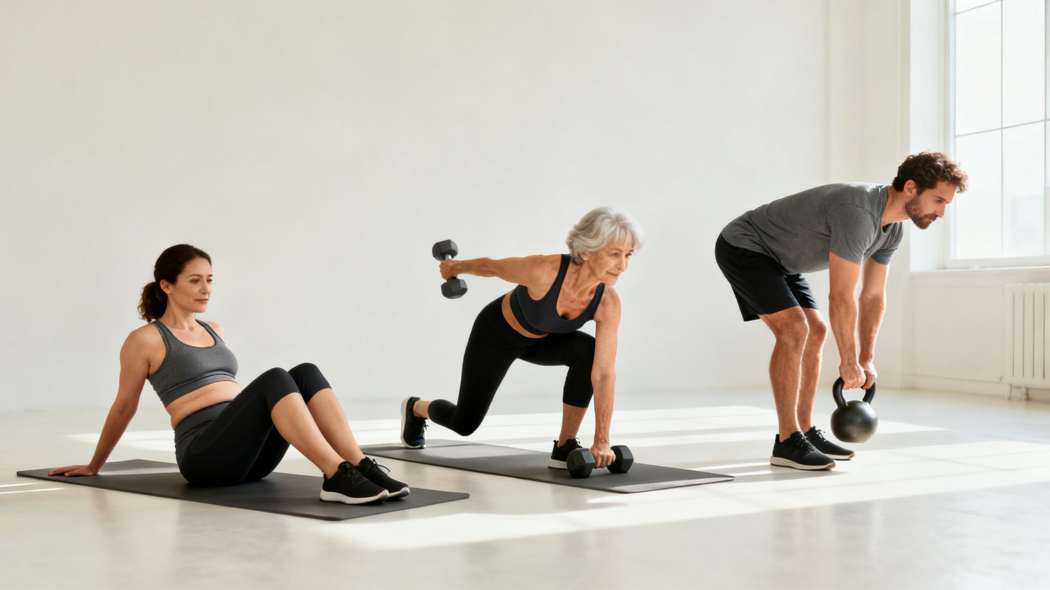 Three diverse individuals, including an older woman, perform strength training with weights on mats.