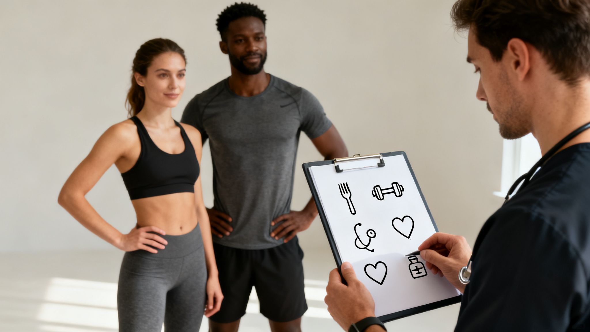 A healthcare professional discusses fitness and nutrition plans with a diverse couple in athletic wear.