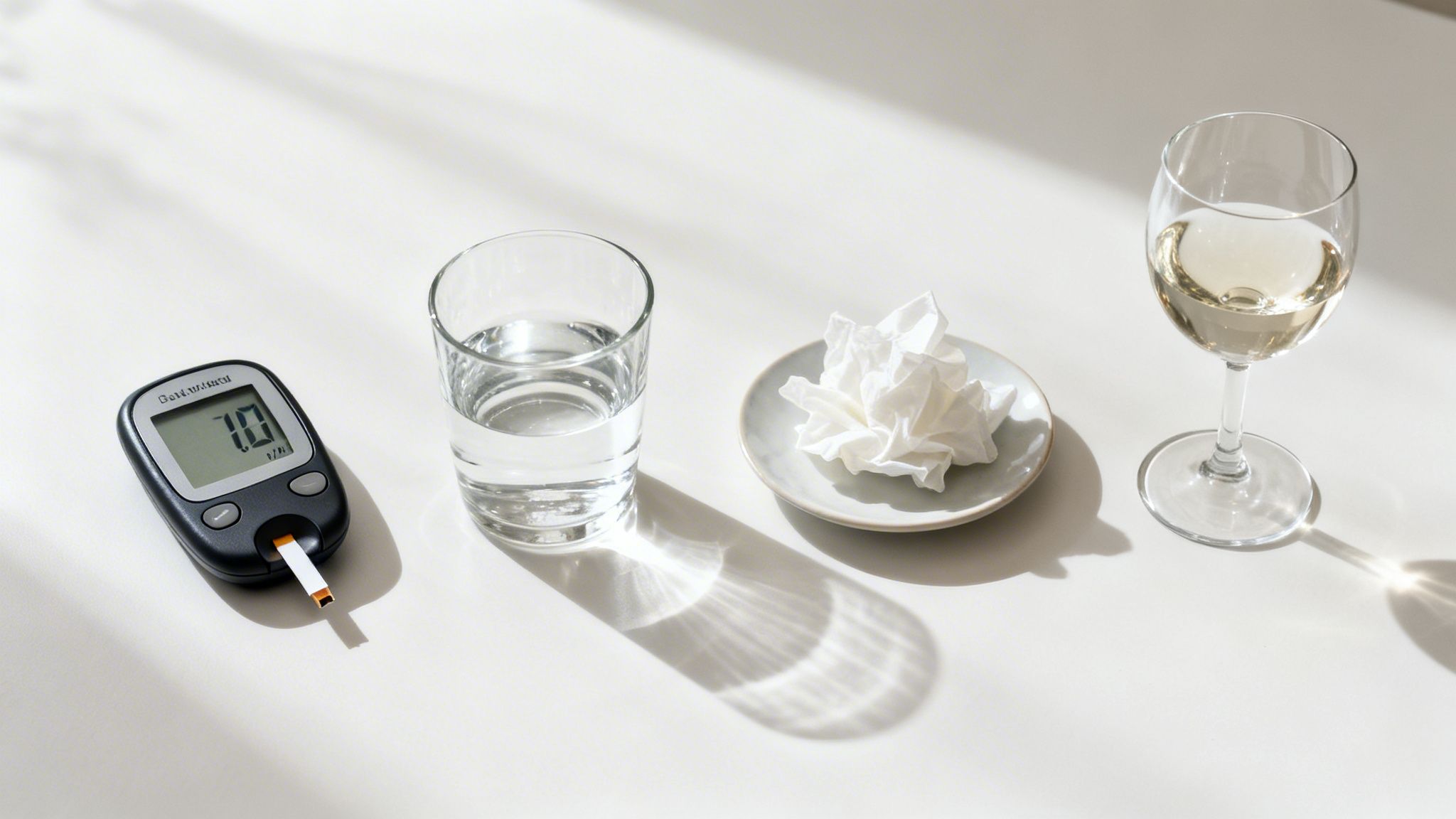 A glucose meter displaying '7.0', a glass of water, tissues, and white wine on a table.