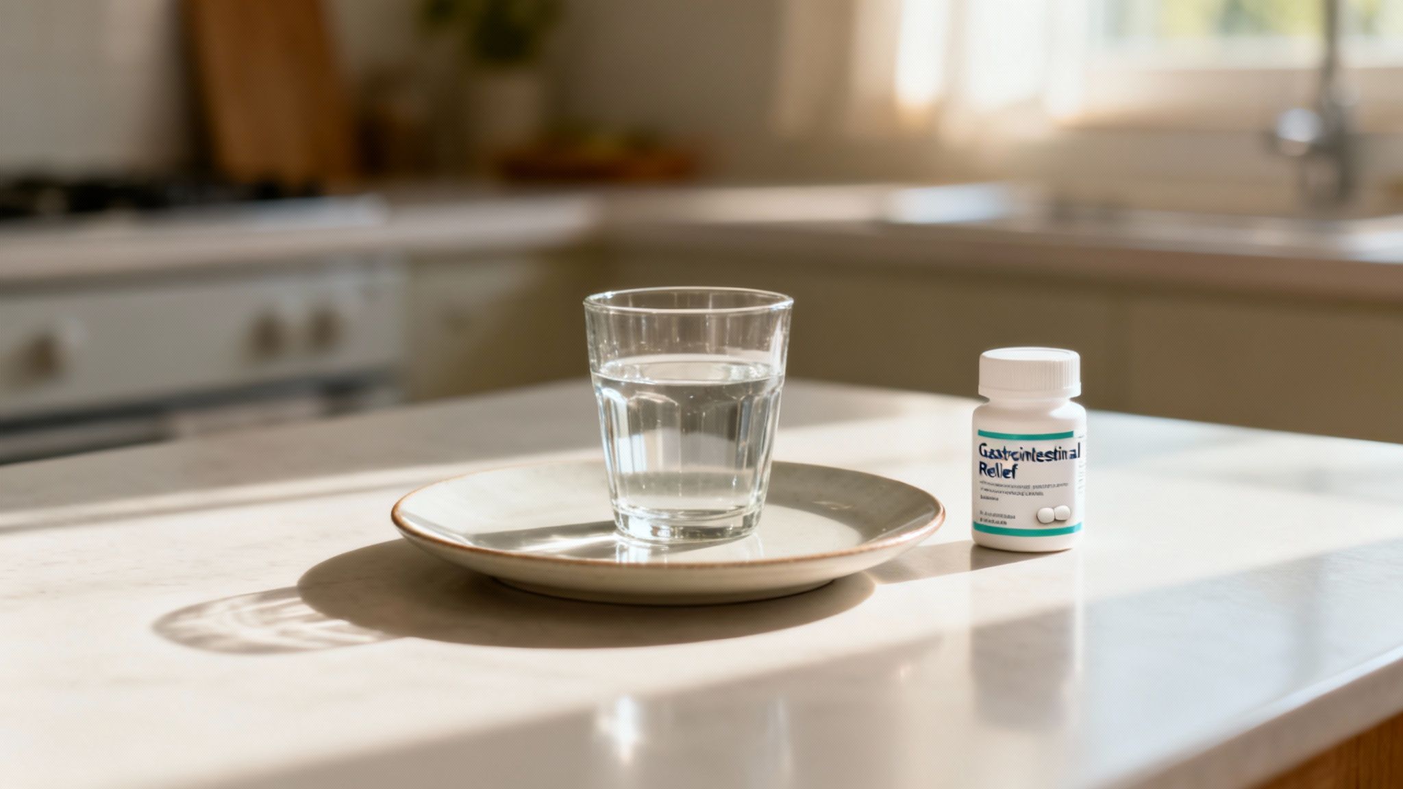 A white bottle of gastrointestinal relief pills and a glass of water on a kitchen counter.