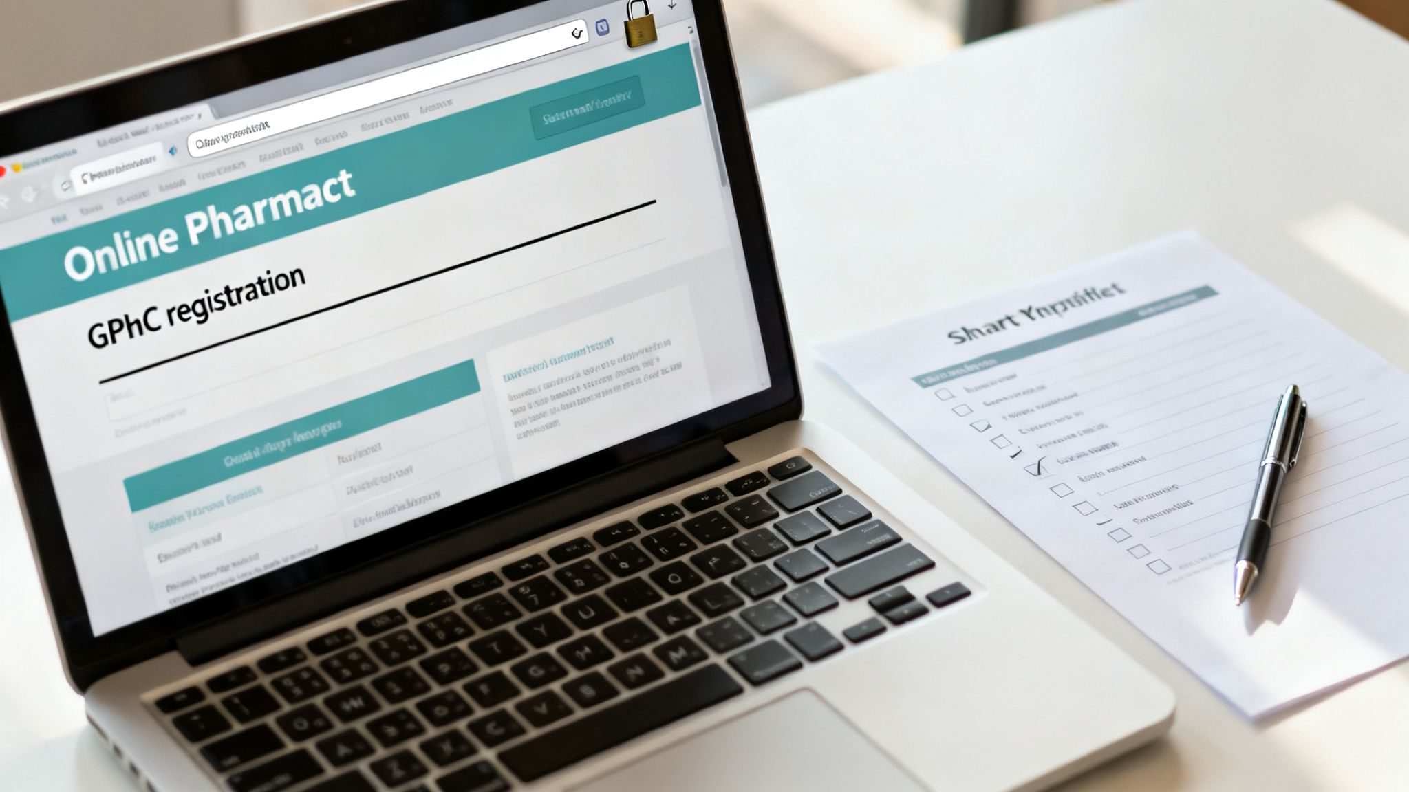 Laptop screen showing an 'Online Pharmacy GPhC registration' webpage, beside a checklist and pen.