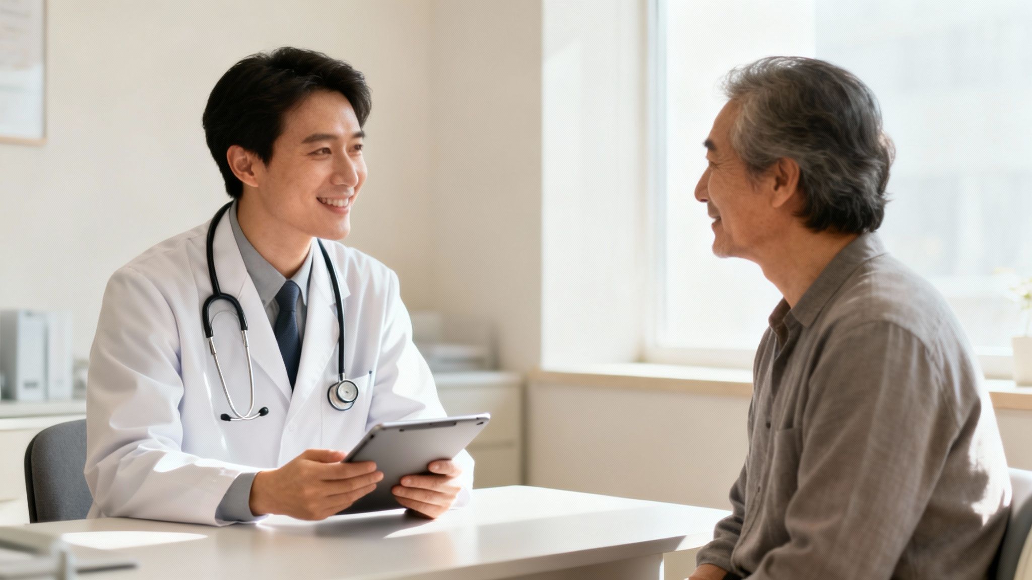 A smiling male doctor consults an elderly patient, holding a tablet in a medical office.