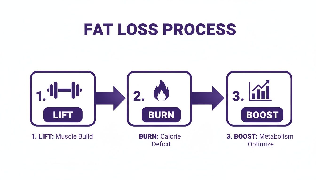 A diagram illustrating the fat loss process with three steps: Lift (muscle build), Burn (calorie deficit), and Boost (metabolism optimize).