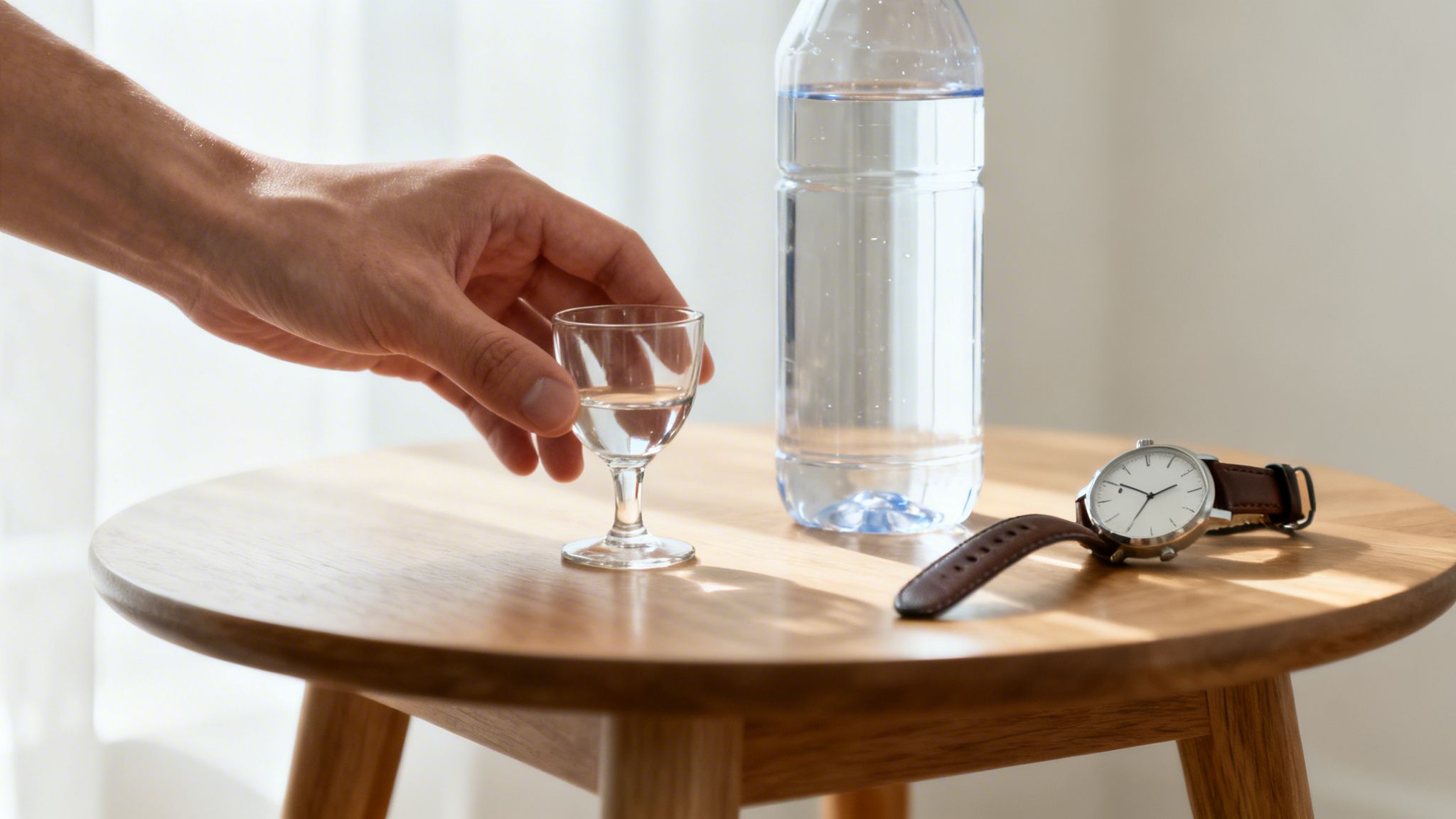 A hand reaches for a small glass of clear liquid, with a water bottle and watch on a wooden table.