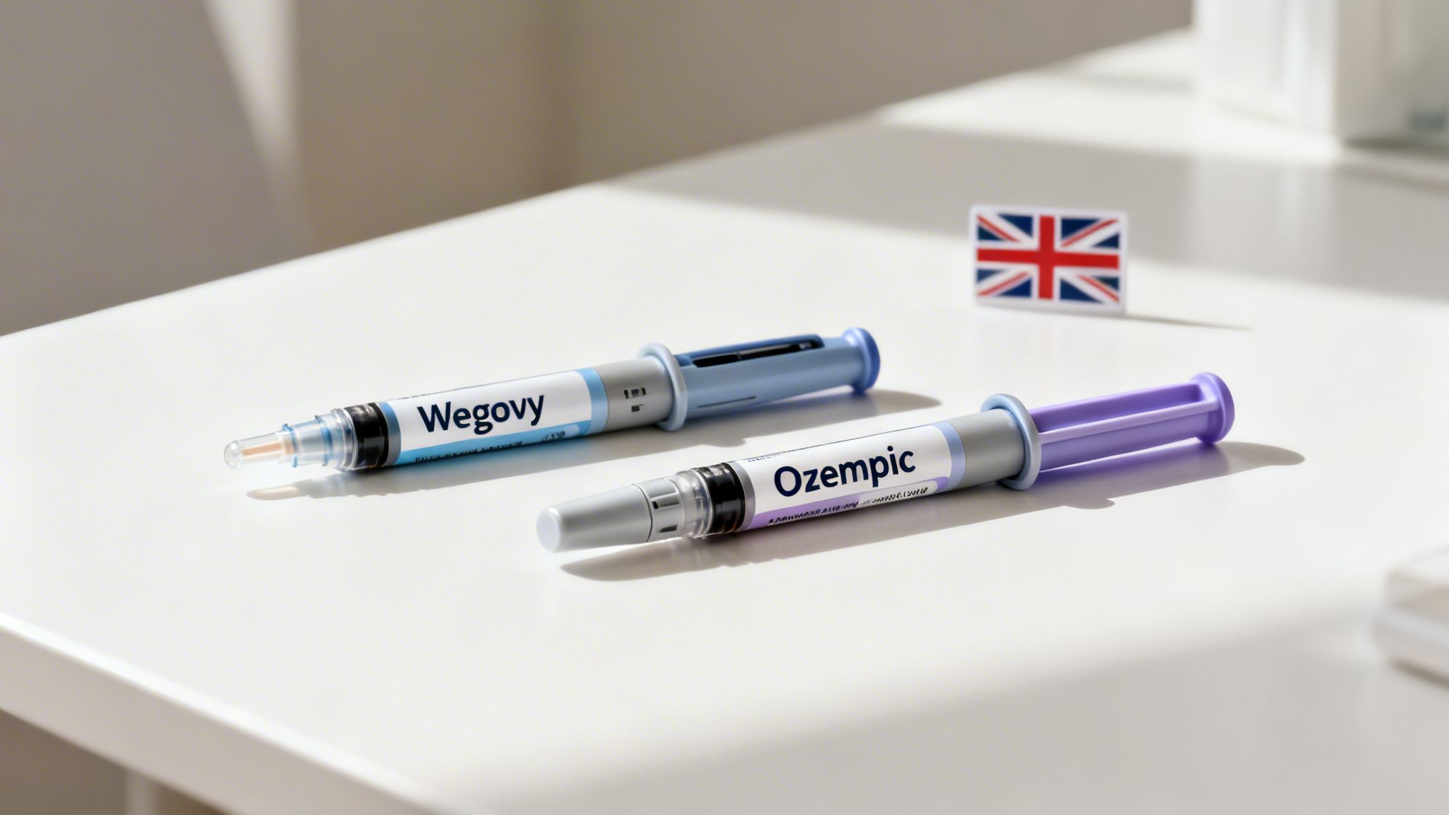 Two medical injection pens, Wegovy and Ozempic, on a white table with a UK flag.